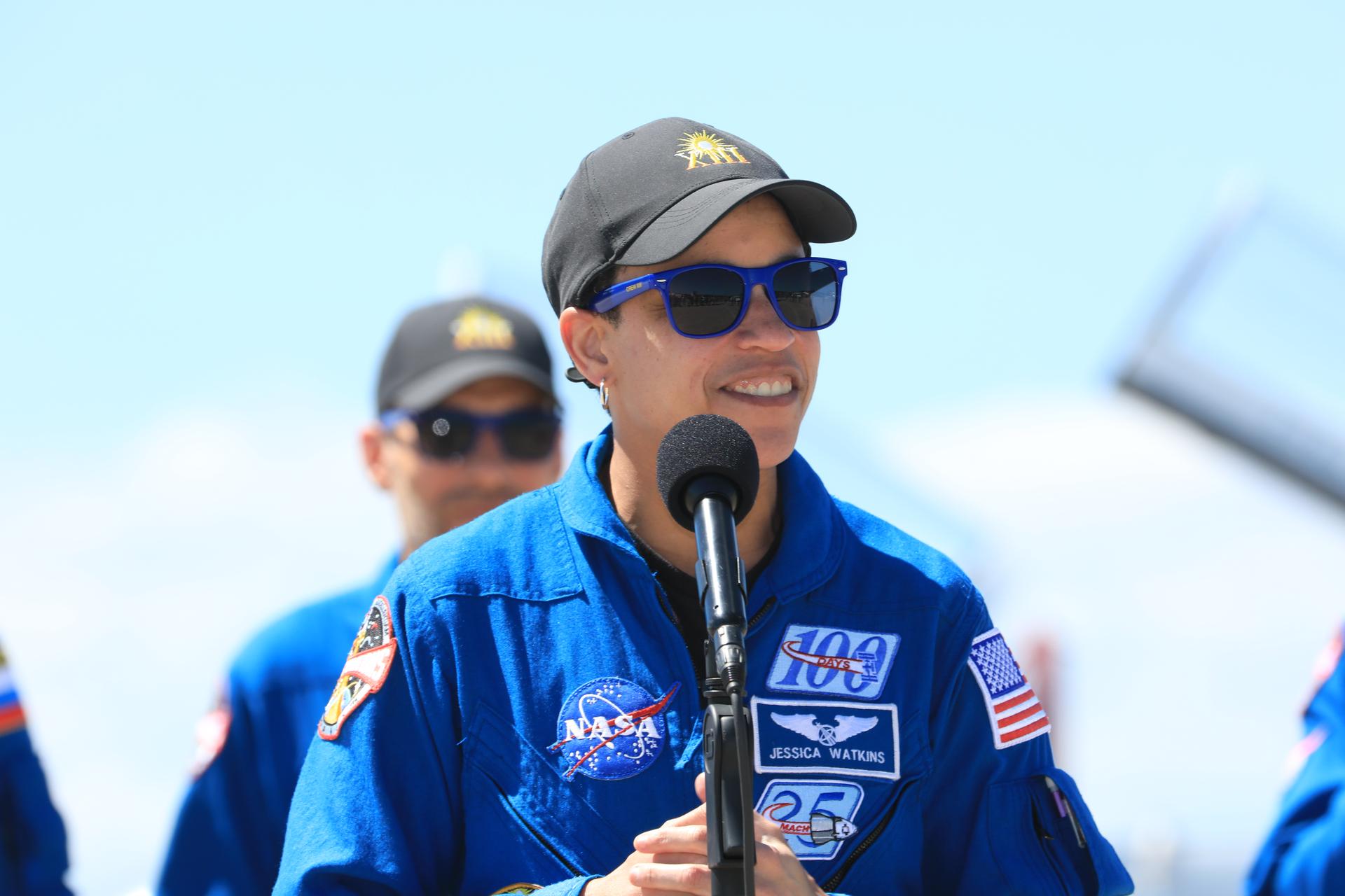NASA astronaut Jessica Watkins, commander, speaks to the news media during crew arrival for NASA’s SpaceX Crew-13 mission at the Shuttle Landing Facility at the agency’s Kennedy Space Center in Florida on Saturday, Sept. 26, 2026. Watkins and fellow NASA astronaut Luke Delaney, along with CSA (Canadian Space Agency) astronaut Joshua Kutryk, and Roscosmos cosmonaut Sergey Teteryatnikov will launch to the International Space Station aboard SpaceX’s Dragon spacecraft and Falcon 9 rocket at 11:10 a.m. EDT on Thursday, Oct. 1, from Cape Canaveral Space Force Station’s Space Launch Complex 40.  