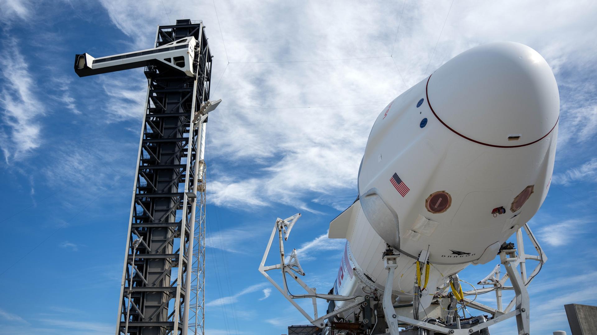 A SpaceX Dragon spacecraft atop the company’s Falcon 9 rocket rolls to the launch pad at Space Launch Complex 40 at Cape Canaveral Space Force Station in Florida on Sunday, Sept. 27, 2026, for NASA’s SpaceX Crew-13 mission. NASA astronauts Jessica Watkins and Luke Delaney, CSA (Canadian Space Agency) astronaut Joshua Kutryk, and Roscosmos cosmonaut Sergey Teteryatnikov are scheduled to launch at 11:10 a.m. EDT on Thursday, Oct. 1, to the International Space Station for the 13th crew rotation mission as part of NASA’s Commercial Crew Program. 