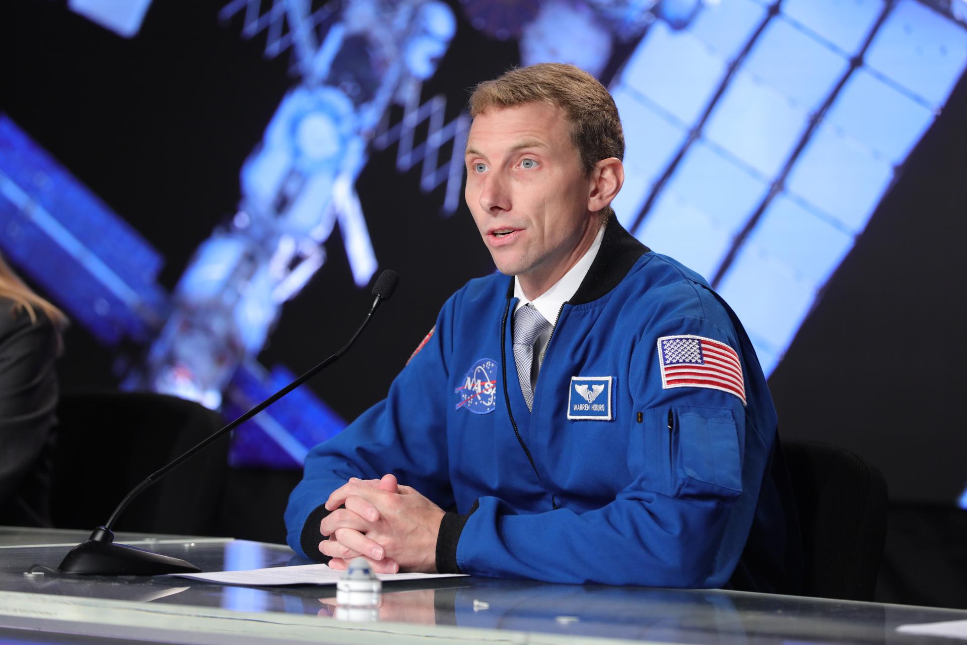 Woody Hoburg, NASA astronaut, and commander of the Starliner’s next crewed mission, participates in a news conference with NASA and Boeing leadership to discuss Starliner’s development and plans for regular crew flights to and from the International Space Station during a news conference Monday, Sept. 28, 2026, inside the John Holliman Auditorium of the NASA News Center at the agency’s Kennedy Space Center in Florida.