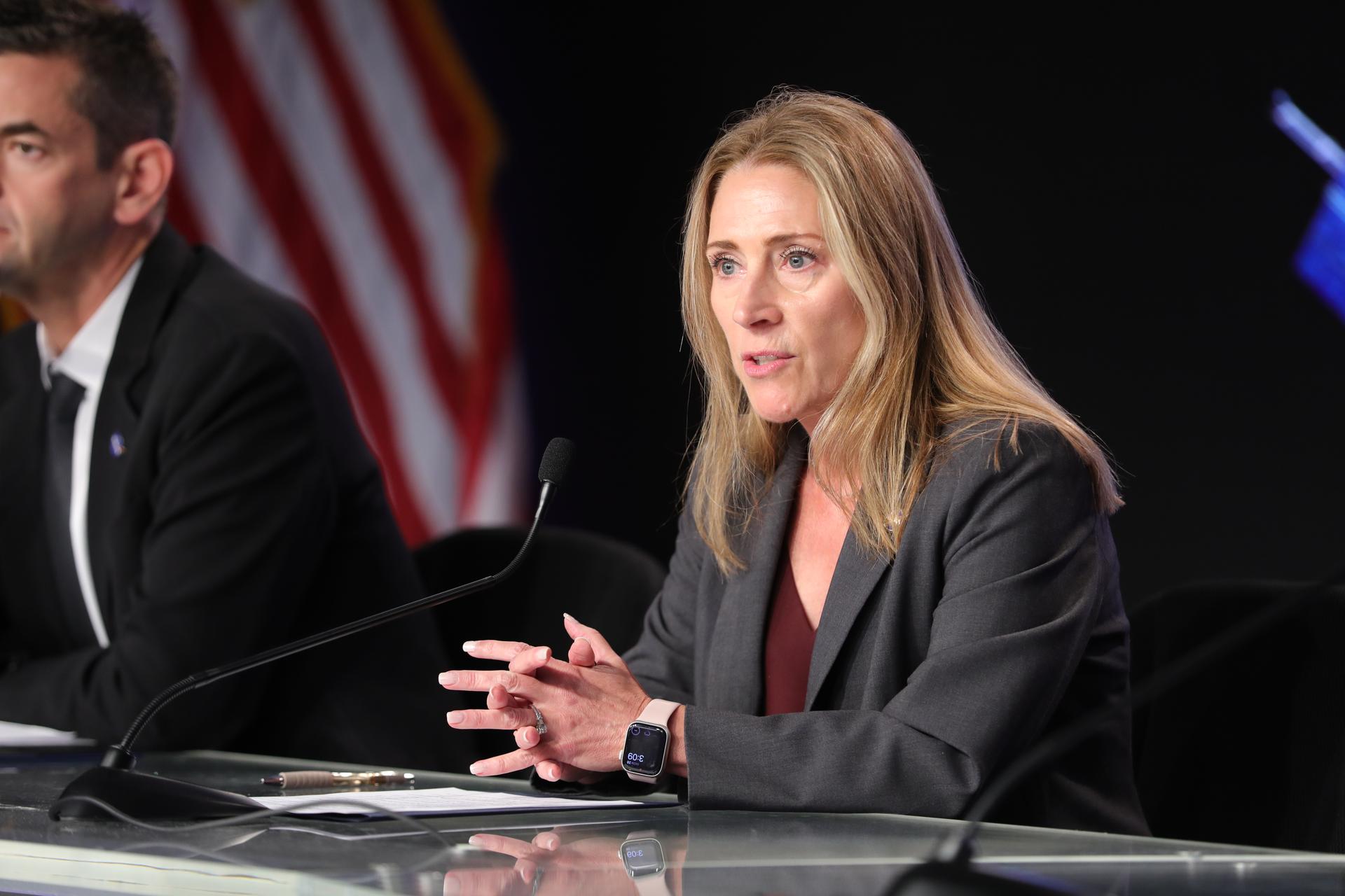 Dana Weigel, manager, NASA’s Low Earth Orbit Program, participates in a news conference with NASA and Boeing leadership to discuss Starliner’s development and plans for regular crew flights to and from the International Space Station during a news conference Monday, Sept. 28, 2026, inside the John Holliman Auditorium of the NASA News Center at the agency’s Kennedy Space Center in Florida.