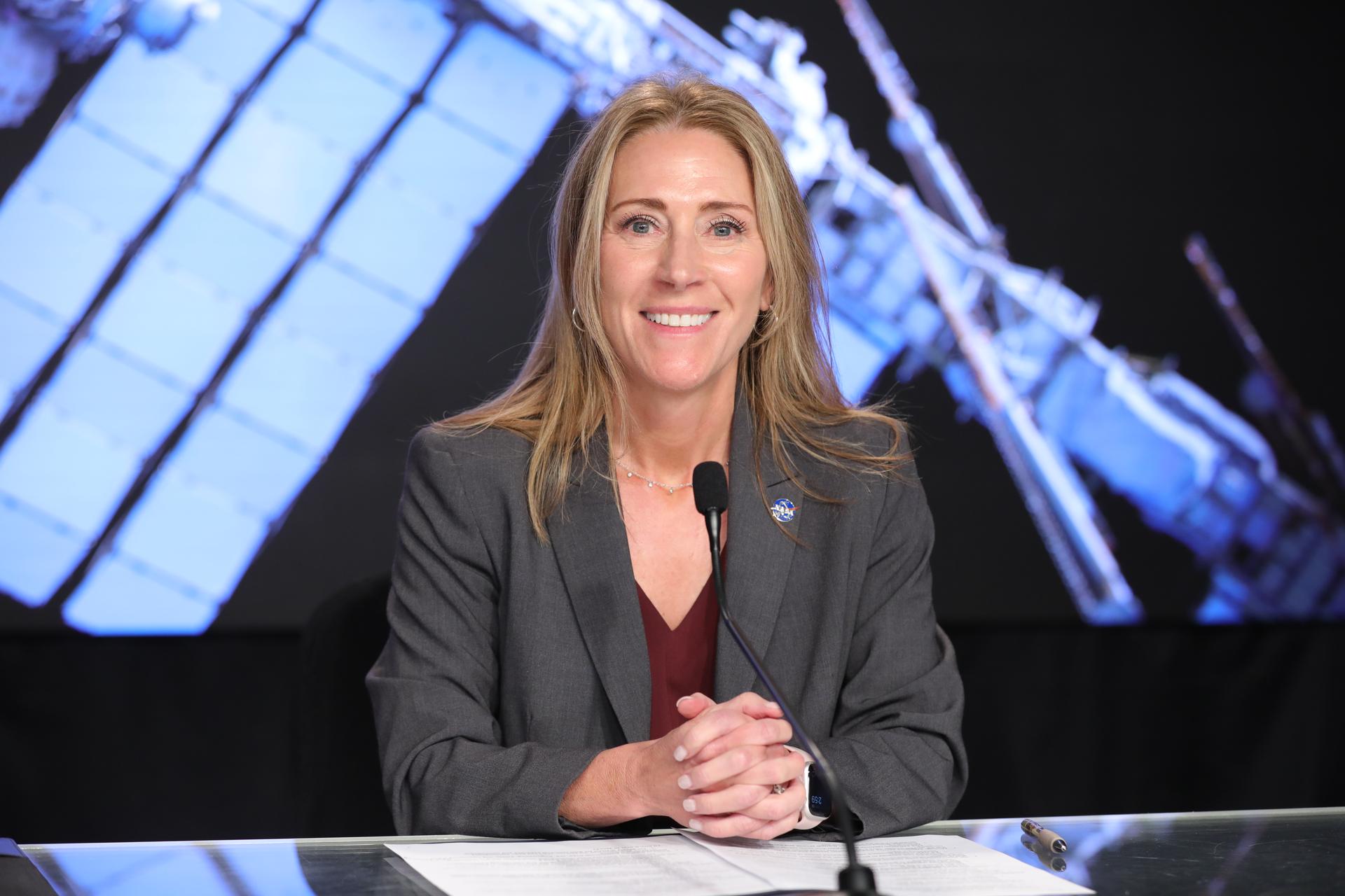 Dana Weigel, manager, NASA’s Low Earth Orbit Program, participates in a news conference with NASA and Boeing leadership to discuss Starliner’s development and plans for regular crew flights to and from the International Space Station during a news conference Monday, Sept. 28, 2026, inside the John Holliman Auditorium of the NASA News Center at the agency’s Kennedy Space Center in Florida.
