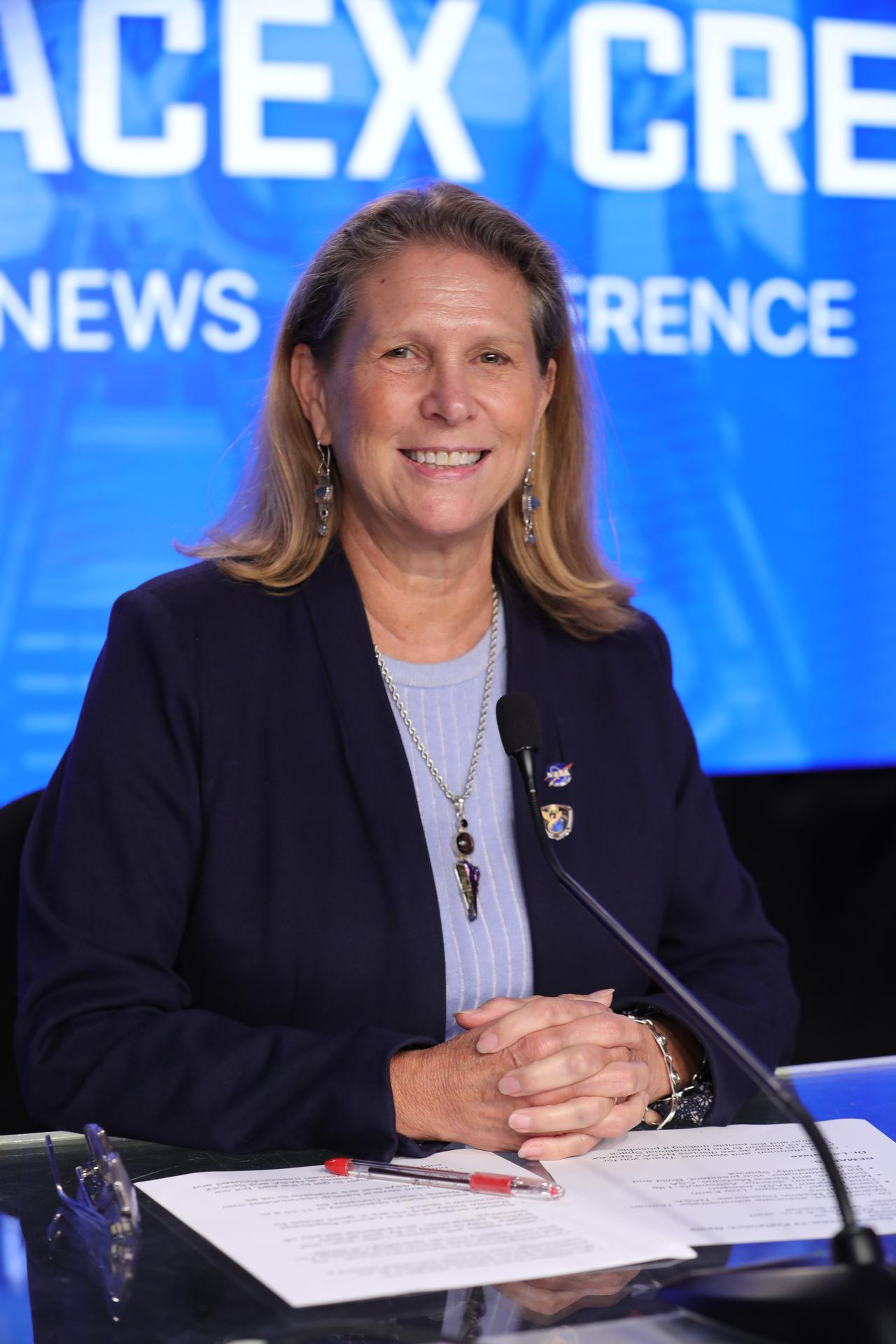 Dr. Lori Glaze, associate administrator, Human Spaceflight Mission Directorate, NASA Headquarters, addresses the media during a prelaunch news briefing inside the John Holliman Auditorium of the NASA News Center at the agency’s Kennedy Space Center in Florida on Wednesday, Sept. 30, 2026, ahead of NASA’s SpaceX Crew-13 mission. Participants include Glaze; Dana Weigel, manager, Low Earth Orbit Program, NASA’s Johnson Space Center in Houston; Mathieu Caron, director, Astronauts, Life Sciences, and Space Medicine, CSA (Canadian Space Agency); and William Gerstenmaier, vice president, Build and Flight Reliability, SpaceX. The Crew-13 mission will send NASA astronauts Jessica Watkins and Luke Delaney, CSA astronaut Joshua Kutryk, and Roscosmos cosmonaut Sergey Teteryatnikov to the International Space Station aboard SpaceX’s Dragon spacecraft and Falcon 9 rocket at 11:10 a.m. EDT on Thursday, Oct. 1 from Cape Canaveral Space Force Station’s Space Launch Complex 40.