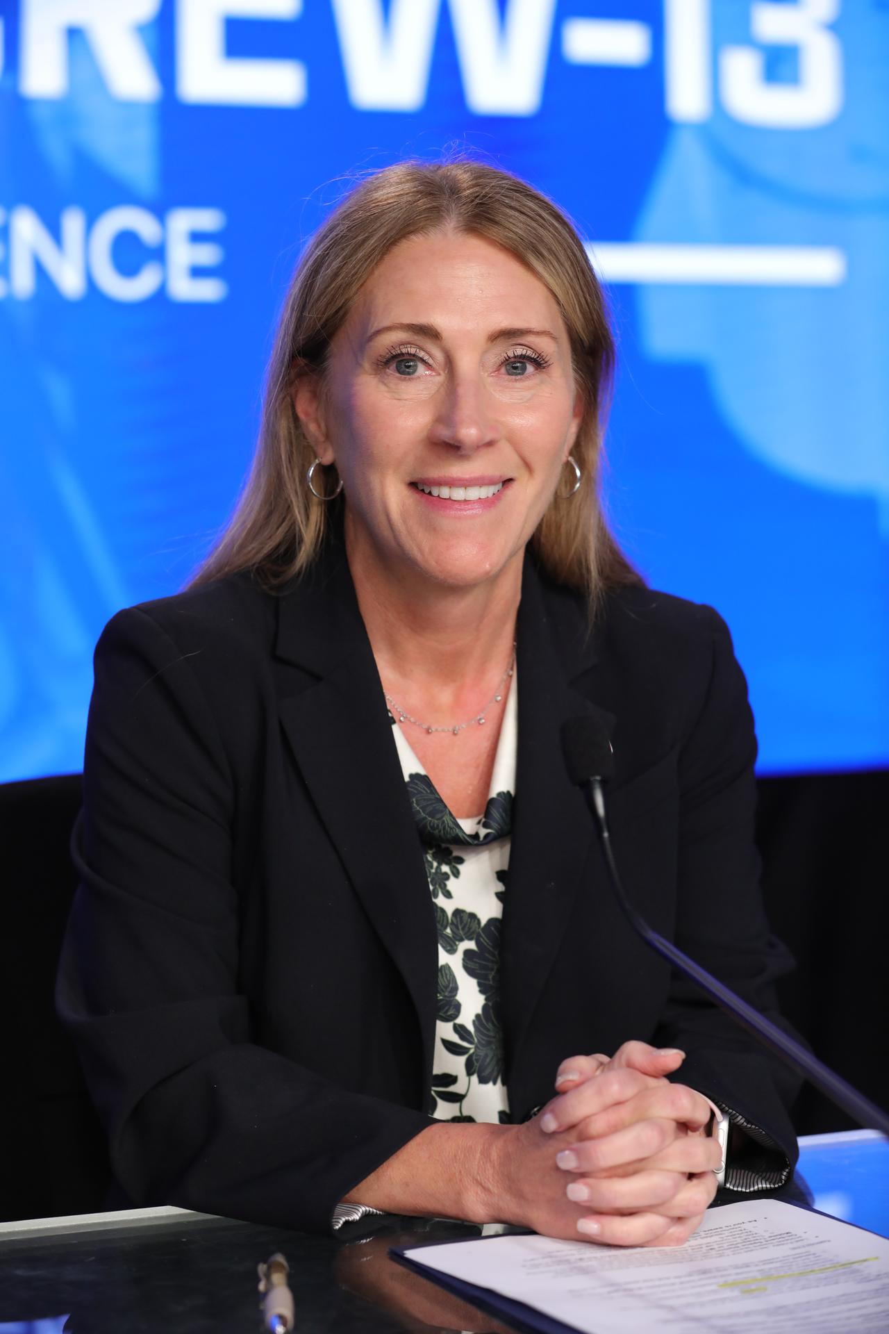 Dana Weigel, manager, Low Earth Orbit Program, NASA’s Johnson Space Center in Houston, addresses the media during a prelaunch news briefing inside the John Holliman Auditorium of the NASA News Center at the agency’s Kennedy Space Center in Florida on Wednesday, Sept. 30, 2026, ahead of NASA’s SpaceX Crew-13 mission. Participants include Weigel; Dr. Lori Glaze, associate administrator, Human Spaceflight Mission Directorate, NASA Headquarters; Mathieu Caron, director, Astronauts, Life Sciences, and Space Medicine, CSA (Canadian Space Agency); and William Gerstenmaier, vice president, Build and Flight Reliability, SpaceX. The Crew-13 mission will send NASA astronauts Jessica Watkins and Luke Delaney, CSA astronaut Joshua Kutryk, and Roscosmos cosmonaut Sergey Teteryatnikov to the International Space Station aboard SpaceX’s Dragon spacecraft and Falcon 9 rocket at 11:10 a.m. EDT on Thursday, Oct. 1 from Cape Canaveral Space Force Station’s Space Launch Complex 40.