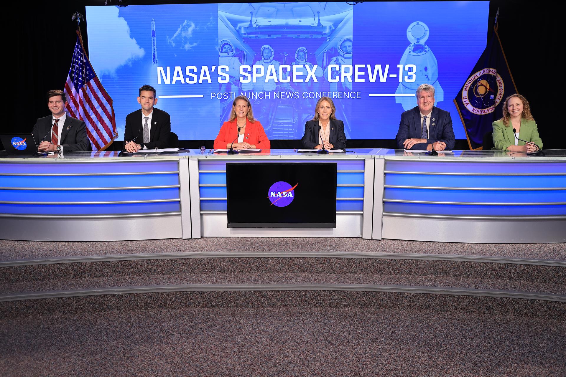 From left to right, George Alderman, deputy press secretary, NASA communications; NASA Administrator Jared Isaacman; Dr. Lori Glaze, associate administrator, NASA’s Human Spaceflight Mission Directorate; Dana Weigel, Low Earth Orbit Program, NASA’s Johnson Space Center in Houston; Mathieu Caron, director, Astronauts, Life Sciences, and Space Medicine, CSA (Canadian Space Agency); and Julianna Scheiman, director, NASA Science and Dragon Programs, SpaceX, participate in a postlaunch news conference at the agency’s Kennedy Space Center in Florida on Thursday, Oct. 1, 2026, following the launch of NASA’s SpaceX Crew-13 mission to the International Space Station. NASA astronauts Jessica Watkins and Luke Delaney, CSA (Canadian Space Agency) astronaut Joshua Kutryk, and Roscosmos cosmonaut Sergey Teteryatnikov launched to the International Space Station aboard SpaceX’s Dragon spacecraft and Falcon 9 rocket at 11:10 a.m. EDT on the 13th crew rotation mission with SpaceX to the space station.