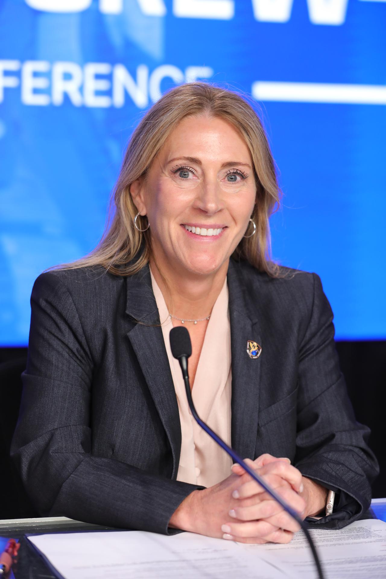Dana Weigel, manager, Low Earth Orbit Program, NASA’s Johnson Space Center in Houston, participates in a postlaunch news conference at the agency’s Kennedy Space Center in Florida on Thursday, Oct. 1, 2026, following the launch of NASA’s SpaceX Crew-13 mission to the International Space Station. NASA astronauts Jessica Watkins and Luke Delaney, CSA (Canadian Space Agency) astronaut Joshua Kutryk, and Roscosmos cosmonaut Sergey Teteryatnikov launched to the International Space Station aboard SpaceX’s Dragon spacecraft and Falcon 9 rocket at 11:10 a.m. EDT on the 13th crew rotation mission with SpaceX to the space station. 