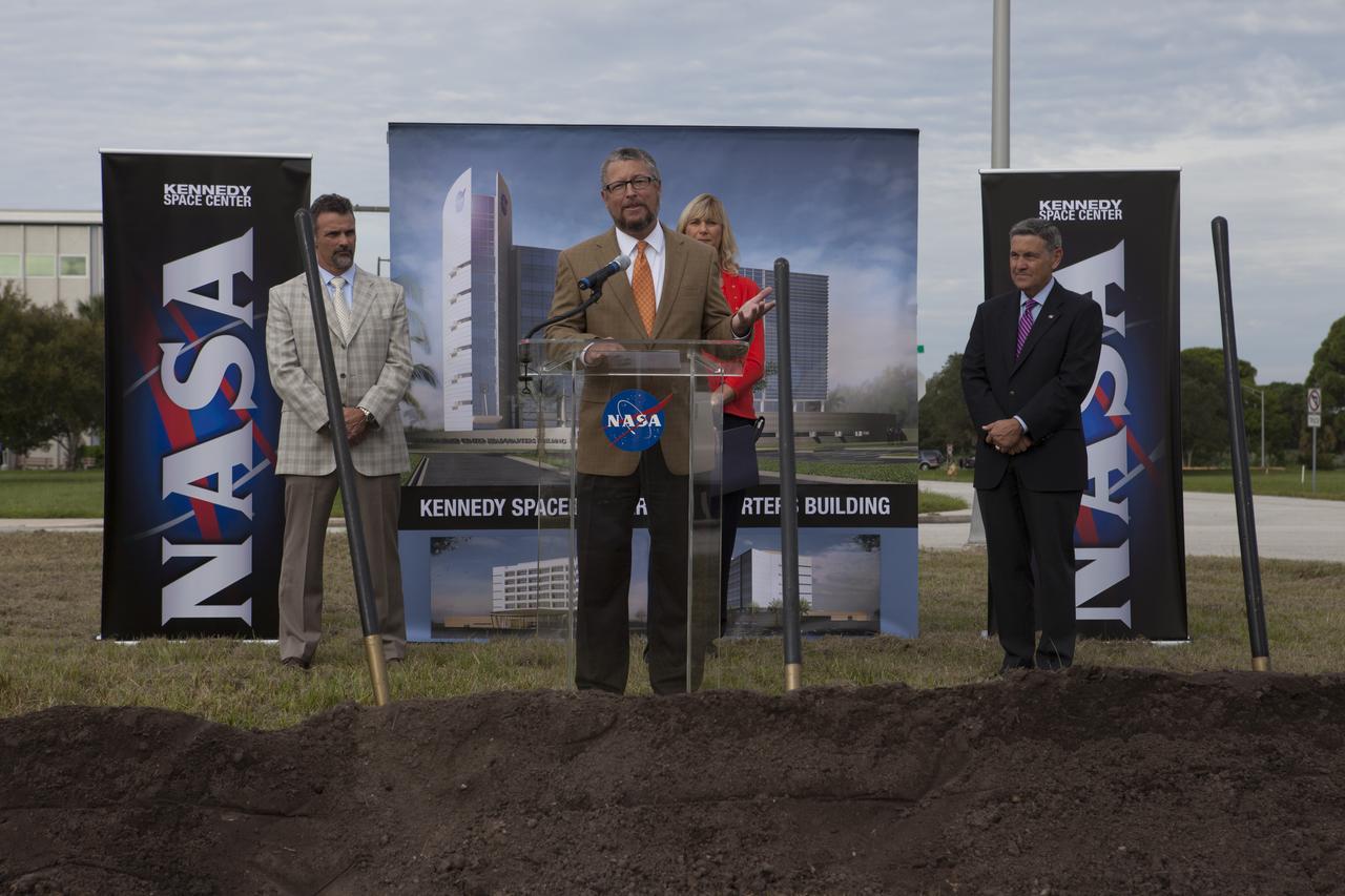 Groundbreaking for the new Central Campus took place in the Industrial Area at NASA's Kennedy Space Center in Florida. Steve Belflower, vice president of HuntonBrady Architects of Orlando, speaks to members of the media and guests during the groundbreaking ceremony. Behind him is Nancy Bray, director of Kennedy's Center Operations Directorate. To his right is Kennedy Center Director Bob Cabana. To his left is Kirk Hazen, southeast district manager and vice president of Hensel Phelps, the construction contractor. Kennedy is transforming into a multi-user, 21st century spaceport supporting both commercial and government users and operations. Central Campus Phase I includes construction of a new Headquarters Building as one of the major components of the strategy. The new Headquarters Building will be a seven-story, 200,000-square-foot facility that will house about 500 NASA civil service and contractor employees.