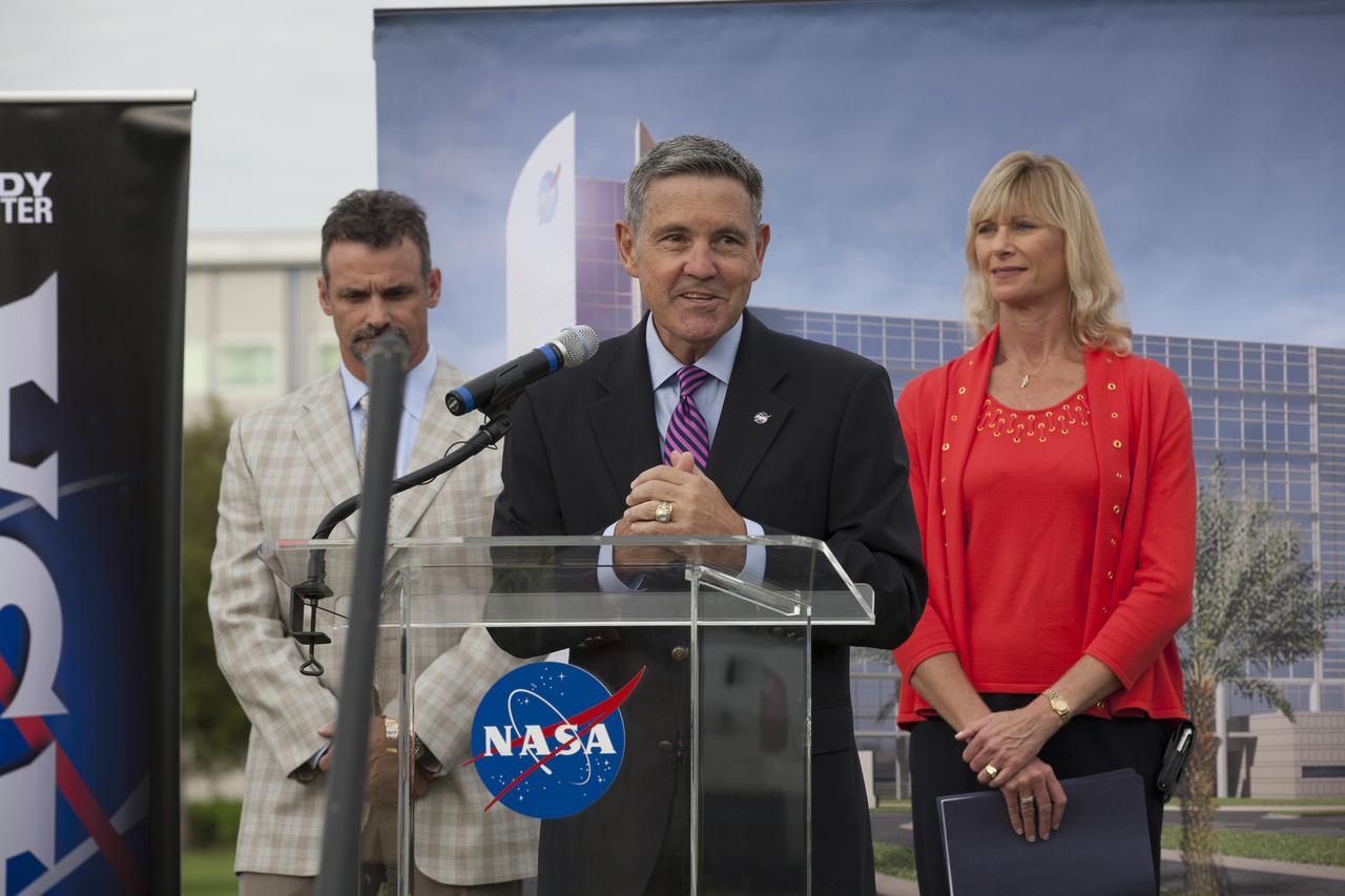Groundbreaking for the new Central Campus will take place in the Industrial Area at NASA's Kennedy Space Center in Florida. Kennedy Center Director Bob Cabana welcomes members of the media and guests to the ceremony. To his right is Nancy Bray, director of Kennedy's Center Operations Directorate. To his left is Kirk Hazen, southeast district manager and vice president of Hensel Phelps, the construction contractor. Kennedy is transforming into a multi-user, 21st century spaceport supporting both commercial and government users and operations. Central Campus Phase I includes construction of a new Headquarters Building as one of the major components of the strategy. The new Headquarters Building will be a seven-story, 200,000-square-foot facility that will house about 500 NASA civil service and contractor employees.