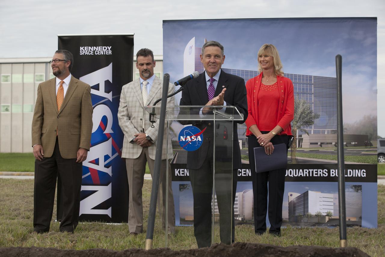 Groundbreaking for the new Central Campus took place in the Industrial Area at NASA's Kennedy Space Center in Florida. Kennedy Center Director Bob Cabana speaks to members of the media and guests during the groundbreaking ceremony. To his right is Nancy Bray, director of Kennedy's Center Operations Directorate. From far left, are Steve Belflower, vice president of HuntonBrady Architects of Orlando, and Kirk Hazen, southeast district manager and vice president of Hensel Phelps, the construction contractor. Kennedy is transforming into a multi-user, 21st century spaceport supporting both commercial and government users and operations. Central Campus Phase I includes construction of a new Headquarters Building as one of the major components of the strategy. The new Headquarters Building will be a seven-story, 200,000-square-foot facility that will house about 500 NASA civil service and contractor employees.