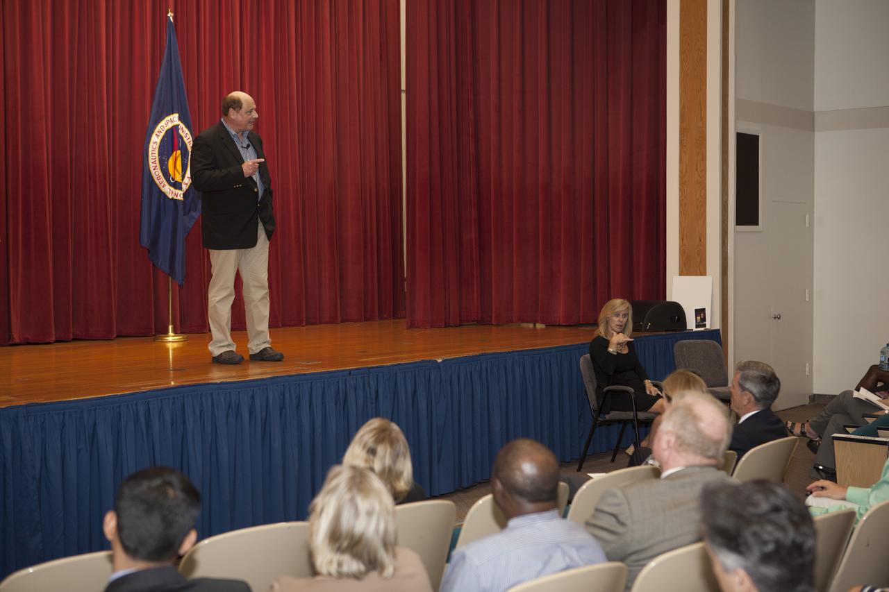 Michael Kersjes, author and former special education teacher and football coach from Michigan, speaks to workers during the Disability Awareness and Action Working Group, or DAAWG, event at NASA's Kennedy Space Center in Florida. The theme of his presentation was "Power of the Human Spirit." Kersjes is the author of the book, "A Smile as Big as the Moon," which told the true story of how he worked to get special education students into Space Camp, a competitive education program at the U.S. Space and Rocket Center in Huntsville, Alabama. His book was made into a movie in 2012. 