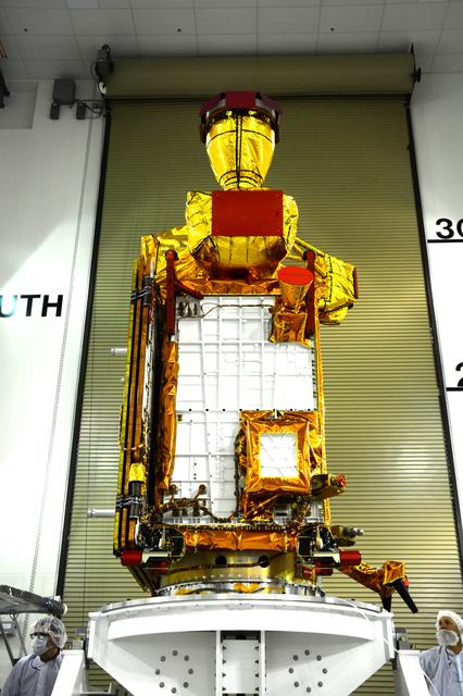 NASA image: SMAP Spacecraft Rotate & Placed on Fixture