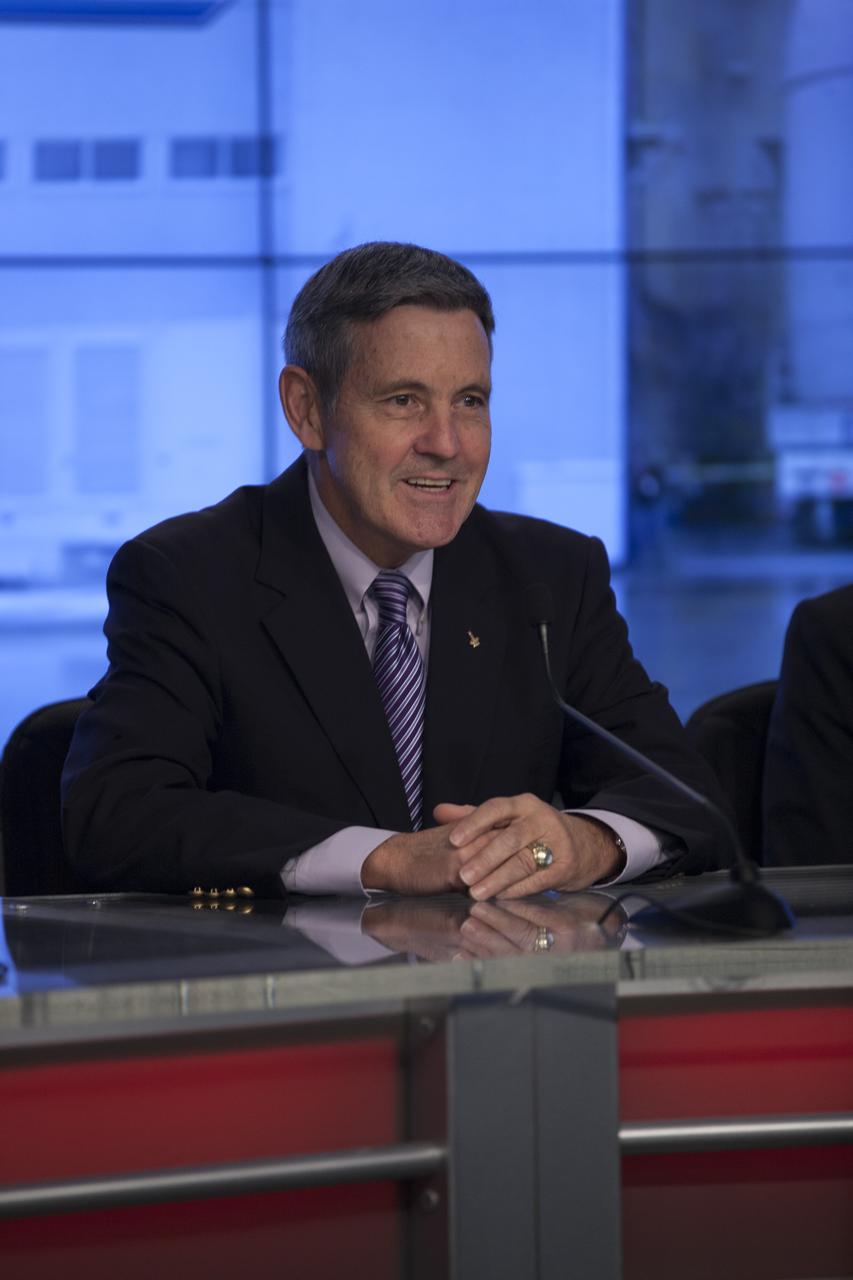 In the Kennedy Space Center’s Press Site auditorium, center director Bob Cabana spoke to members of the news media as the completed Orion spacecraft was being prepared for its trip from the Launch Abort System Facility to Launch Complex 37 at Cape Canaveral Air Force Station. Orion is the exploration spacecraft designed to carry astronauts to destinations not yet explored by humans, including an asteroid and Mars. It will have emergency abort capability, sustain the crew during space travel and provide safe re-entry from deep space return velocities. The first unpiloted flight test of Orion is scheduled to launch Dec. 4, 2014 atop a United Launch Alliance Delta IV Heavy rocket, and in 2018 on NASA’s Space Launch System rocket.