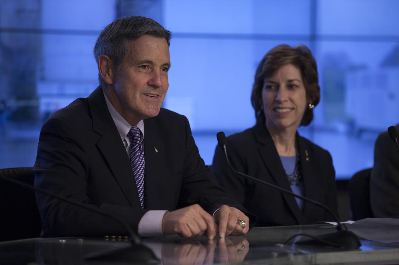 In the Kennedy Space Center’s Press Site auditorium, Kennedy's director Bob Cabana and Johnson Space Center Director Ellen Ochoa spoke to members of the news media as the completed Orion spacecraft was being prepared for its trip from the Launch Abort System Facility to Launch Complex 37 at Cape Canaveral Air Force Station. Orion is the exploration spacecraft designed to carry astronauts to destinations not yet explored by humans, including an asteroid and Mars. It will have emergency abort capability, sustain the crew during space travel and provide safe re-entry from deep space return velocities. The first unpiloted flight test of Orion is scheduled to launch Dec. 4, 2014 atop a United Launch Alliance Delta IV Heavy rocket, and in 2018 on NASA’s Space Launch System rocket.