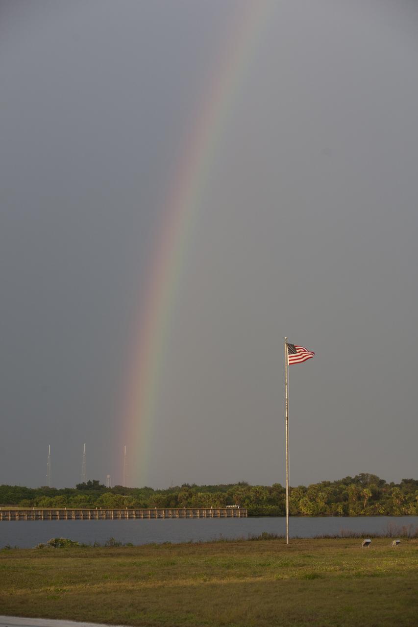 As rain showers dissipate, a rainbow appeared over NASA's Kennedy Space Center's Launch Pad 39B. This is the site where the agency's Space Launch System will launch astronauts aboard the Orion spacecraft to deep-space destinations such as an asteroid and Mars.