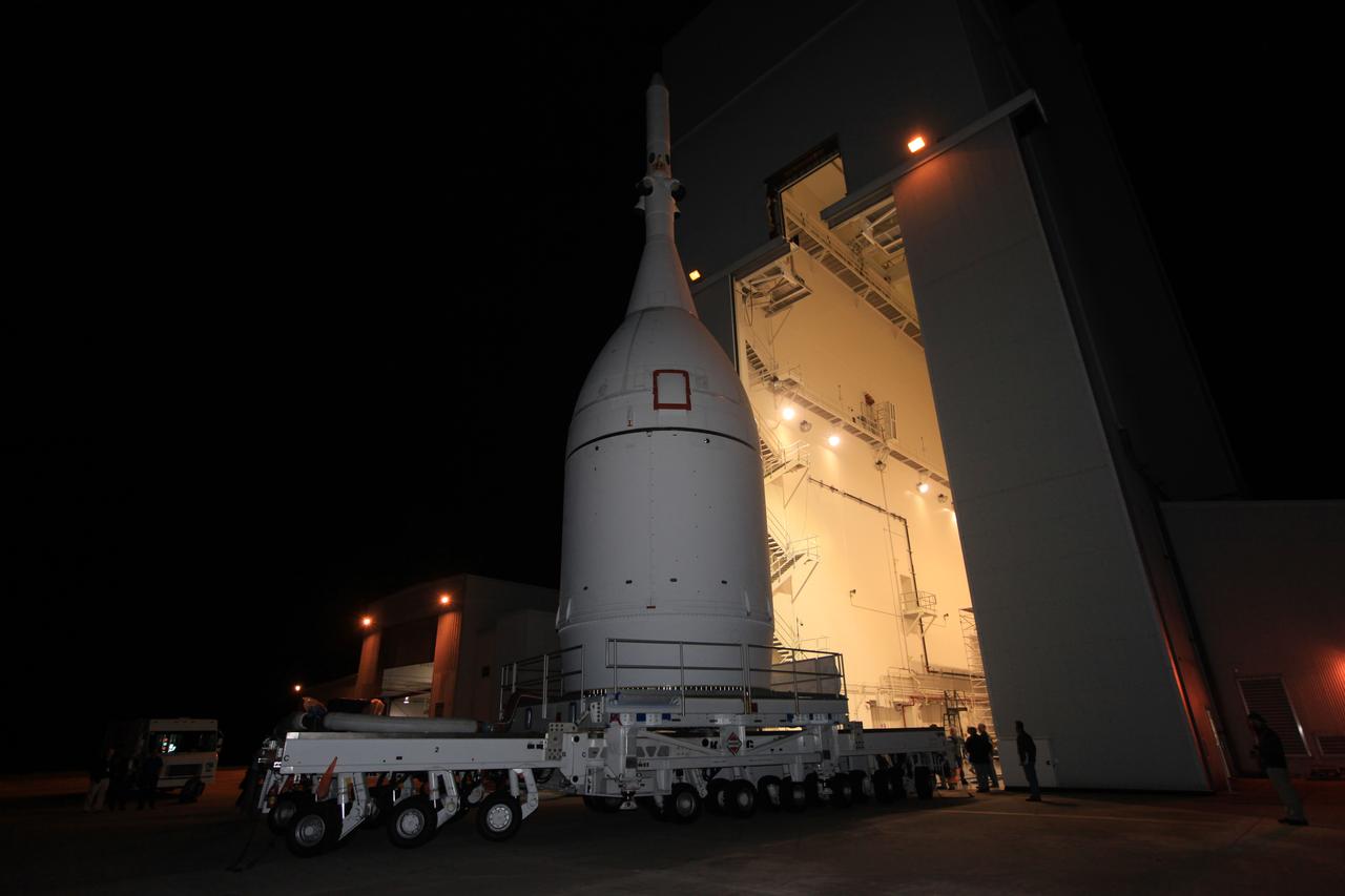 At NASA's Kennedy Space Center in Florida, the agency's completed Orion spacecraft begins its trip from the Launch Abort System Facility to Launch Complex 37 at Cape Canaveral Air Force Station. After arrival at the launch pad, United Launch Alliance engineers and technicians will lift Orion and mount it atop its Delta IV Heavy rocket. Orion is the exploration spacecraft designed to carry astronauts to destinations not yet explored by humans, including an asteroid and Mars. It will have emergency abort capability, sustain the crew during space travel and provide safe re-entry from deep space return velocities. The first unpiloted flight test of Orion is scheduled to launch Dec. 4, 2014 atop a United Launch Alliance Delta IV Heavy rocket, and in 2018 on NASA’s Space Launch System rocket.