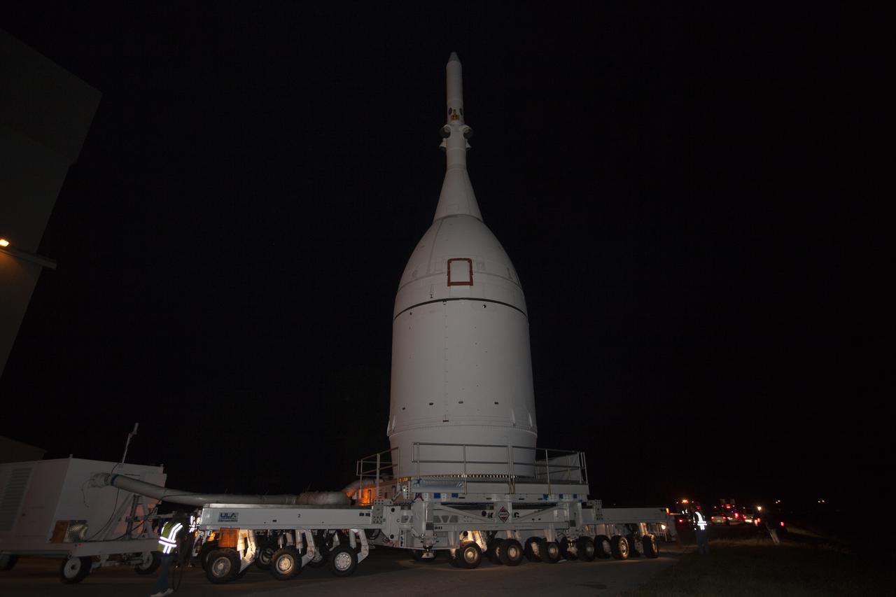 At NASA's Kennedy Space Center in Florida, the agency's completed Orion spacecraft begins its trip from the Launch Abort System Facility to Launch Complex 37 at Cape Canaveral Air Force Station. After arrival at the launch pad, United Launch Alliance engineers and technicians will lift Orion and mount it atop its Delta IV Heavy rocket. Orion is the exploration spacecraft designed to carry astronauts to destinations not yet explored by humans, including an asteroid and Mars. It will have emergency abort capability, sustain the crew during space travel and provide safe re-entry from deep space return velocities. The first unpiloted flight test of Orion is scheduled to launch Dec. 4, 2014 atop a United Launch Alliance Delta IV Heavy rocket, and in 2018 on NASA’s Space Launch System rocket.