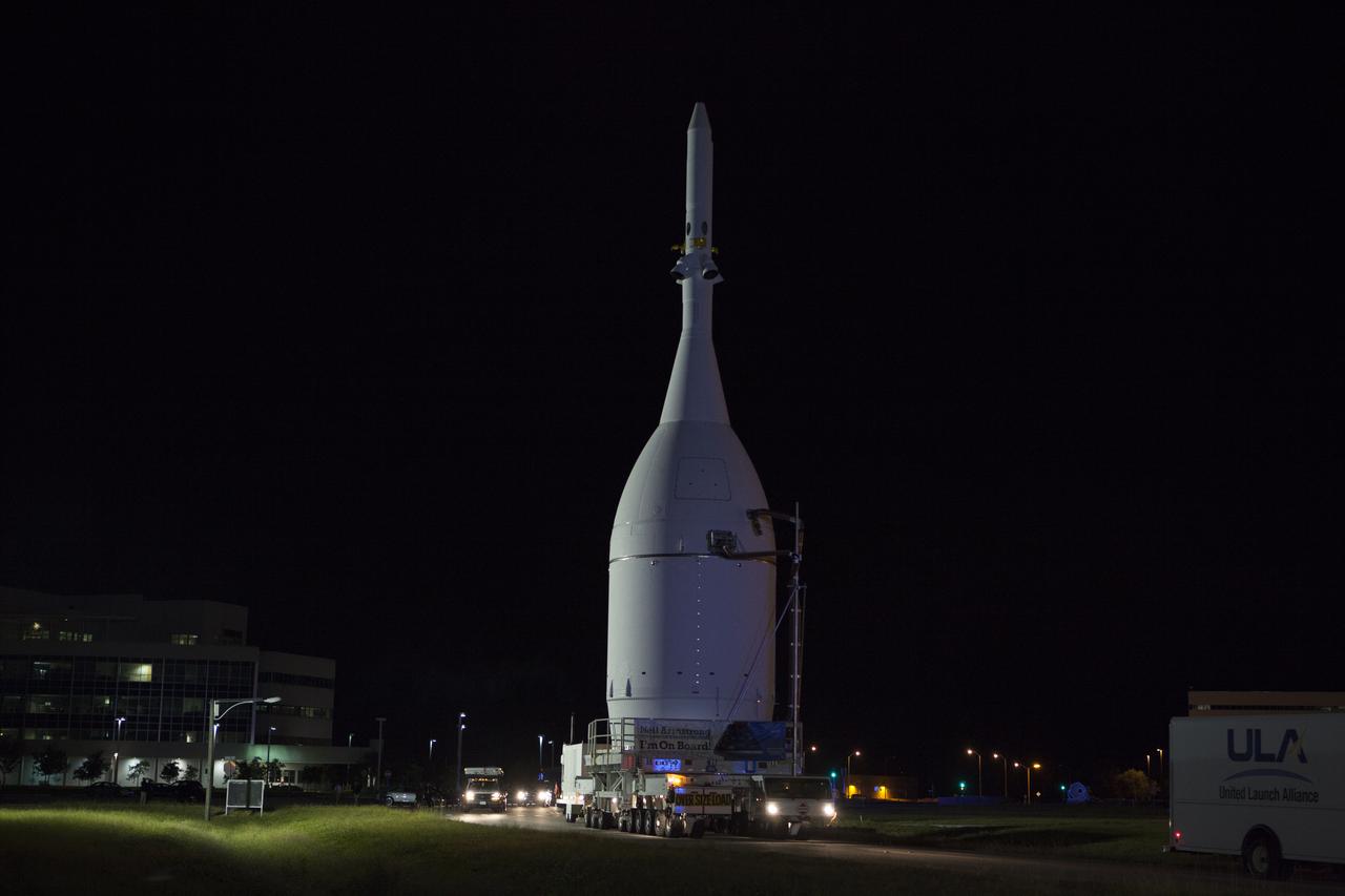 At NASA's Kennedy Space Center in Florida, the agency's Orion is transported to Launch Complex 37 at Cape Canaveral Air Force Station. After arrival at the launch pad, United Launch Alliance engineers and technicians will lift Orion and mount it atop its Delta IV Heavy rocket. Orion is the exploration spacecraft designed to carry astronauts to destinations not yet explored by humans, including an asteroid and Mars. It will have emergency abort capability, sustain the crew during space travel and provide safe re-entry from deep space return velocities. The first unpiloted flight test of Orion is scheduled to launch Dec. 4, 2014 atop a United Launch Alliance Delta IV Heavy rocket, and in 2018 on NASA’s Space Launch System rocket.