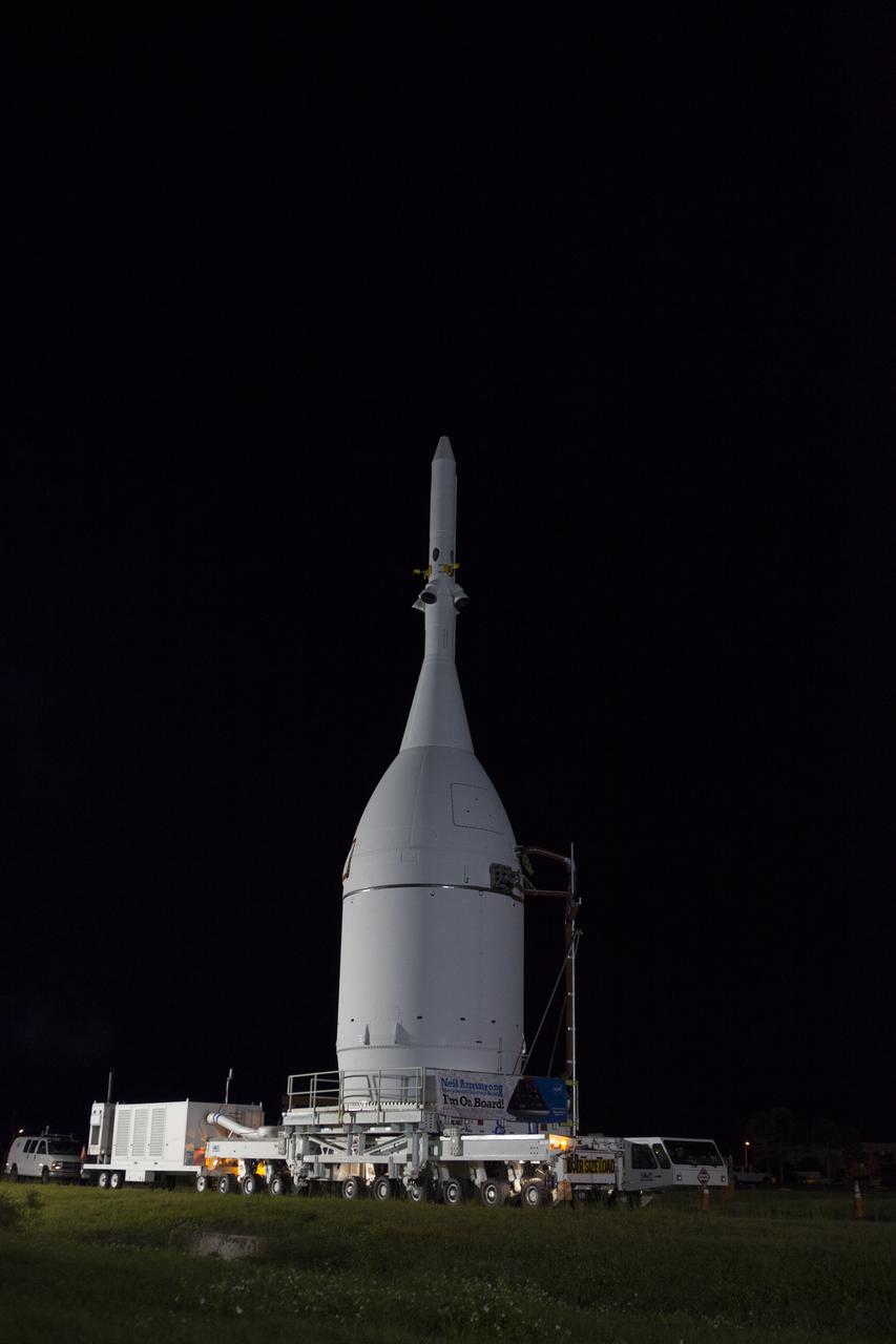 At NASA's Kennedy Space Center in Florida, the agency's Orion is transported to Launch Complex 37 at Cape Canaveral Air Force Station. After arrival at the launch pad, United Launch Alliance engineers and technicians will lift Orion and mount it atop its Delta IV Heavy rocket. Orion is the exploration spacecraft designed to carry astronauts to destinations not yet explored by humans, including an asteroid and Mars. It will have emergency abort capability, sustain the crew during space travel and provide safe re-entry from deep space return velocities. The first unpiloted flight test of Orion is scheduled to launch Dec. 4, 2014 atop a United Launch Alliance Delta IV Heavy rocket, and in 2018 on NASA’s Space Launch System rocket. 