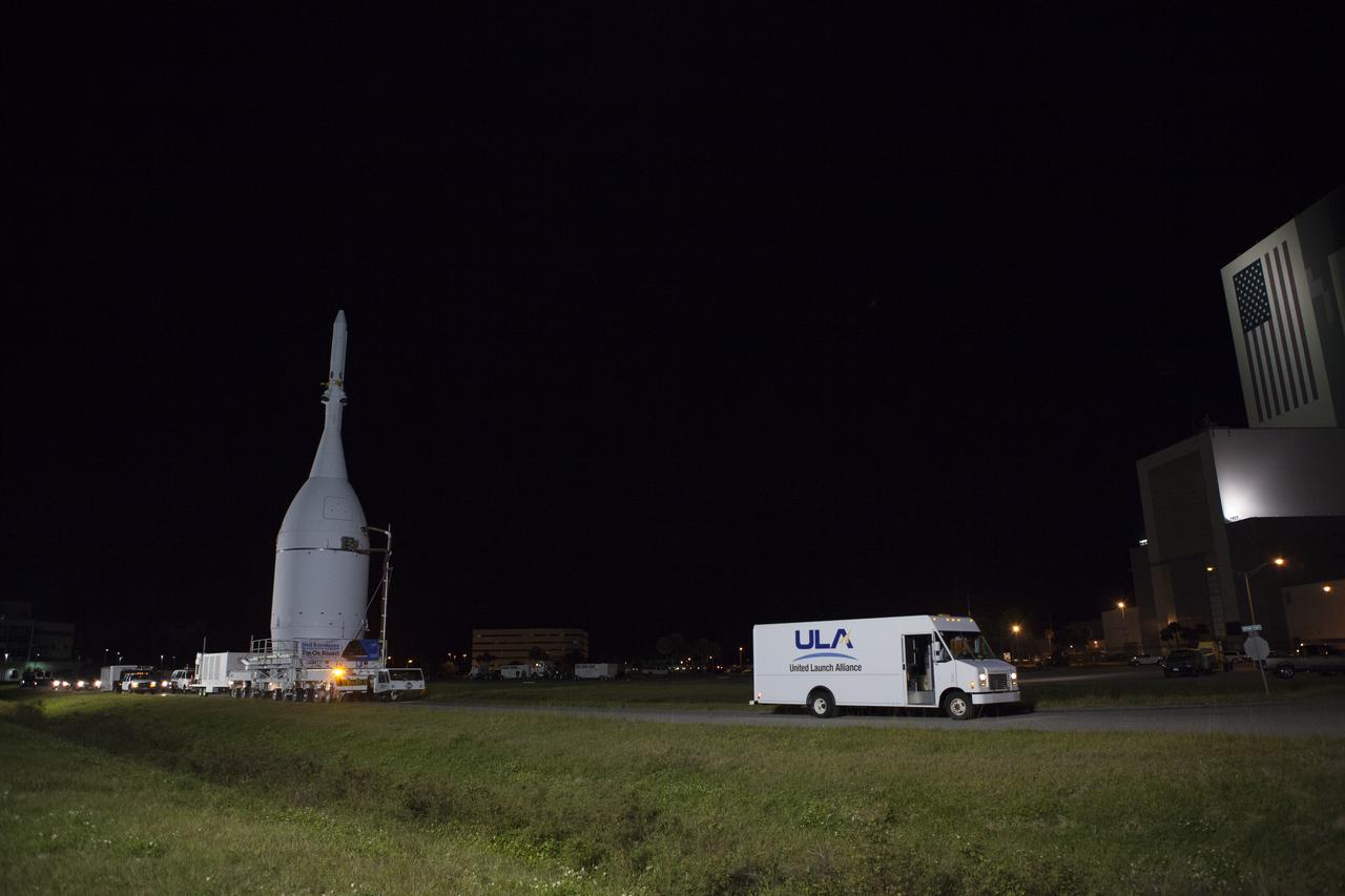 At NASA's Kennedy Space Center in Florida, the agency's Orion is transported to Launch Complex 37 at Cape Canaveral Air Force Station. After arrival at the launch pad, United Launch Alliance engineers and technicians will lift Orion and mount it atop its Delta IV Heavy rocket. Orion is the exploration spacecraft designed to carry astronauts to destinations not yet explored by humans, including an asteroid and Mars. It will have emergency abort capability, sustain the crew during space travel and provide safe re-entry from deep space return velocities. The first unpiloted flight test of Orion is scheduled to launch Dec. 4, 2014 atop a United Launch Alliance Delta IV Heavy rocket, and in 2018 on NASA’s Space Launch System rocket.