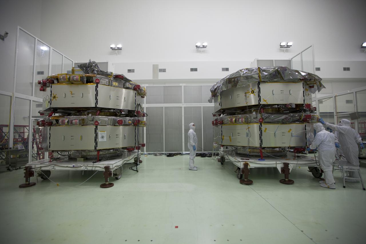 All four of the Magnetospheric Multiscale, or MMS, spacecraft have arrived in the Building 1 high bay of the Astrotech payload processing facility in Titusville, Florida, near Kennedy Space Center. The two MMS spacecraft comprising the upper deck arrived Nov. 12; the two MMS spacecraft comprising the lower stack arrived Oct. 29. The Magnetospheric Multiscale mission is a Solar Terrestrial Probes mission comprising four identically instrumented spacecraft that will use Earth’s magnetosphere as a laboratory to study the microphysics of three fundamental plasma processes: magnetic reconnection, energetic particle acceleration and turbulence. Launch aboard a United Launch Alliance Atlas V rocket from Space Launch Complex 41 on Cape Canaveral Air Force Station is targeted for March 12, 2015. 