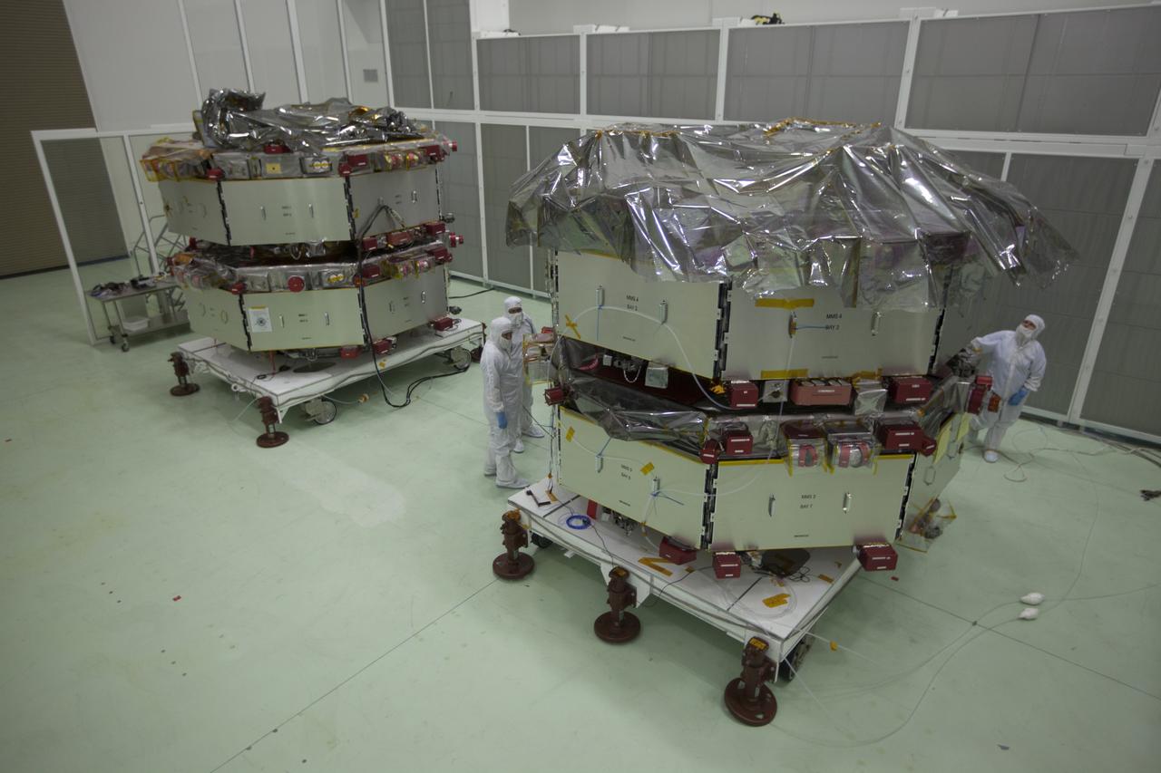 The Magnetospheric Multiscale, or MMS, spacecraft will undergo final processing for launch now that all four are in the Building 1 high bay of the Astrotech payload processing facility in Titusville, Florida, near Kennedy Space Center. The two MMS spacecraft comprising the upper deck arrived Nov. 12; the two MMS spacecraft comprising the lower stack arrived Oct. 29. The Magnetospheric Multiscale mission is a Solar Terrestrial Probes mission comprising four identically instrumented spacecraft that will use Earth’s magnetosphere as a laboratory to study the microphysics of three fundamental plasma processes: magnetic reconnection, energetic particle acceleration and turbulence. Launch aboard a United Launch Alliance Atlas V rocket from Space Launch Complex 41 on Cape Canaveral Air Force Station is targeted for March 12, 2015.