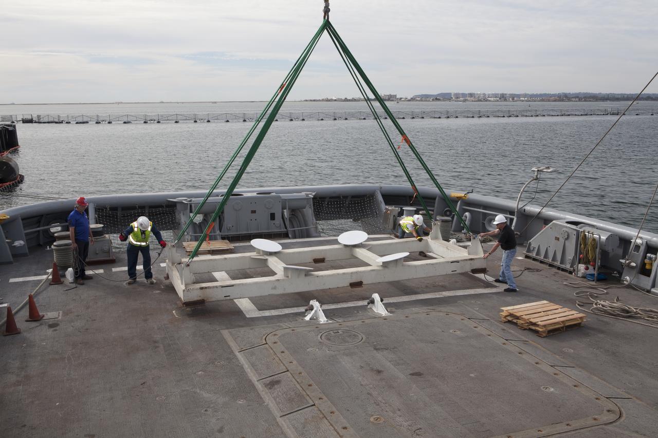 Ground support equipment for use during an alternate recovery method of the Orion crew module after its first flight test, if needed, is secured on the deck of the USNS Salvor, a salvage ship, at Naval Base San Diego in California. Before launch of Orion on a Delta IV Heavy rocket from Cape Canaveral Air Force Station in Florida, NASA, Lockheed Martin and U.S. Navy personnel will head out to sea in the USS Anchorage and the USNS Salvor and wait for splashdown of the Orion crew module in the Pacific Ocean. The GSDO Program will lead the recovery efforts. Orion is the exploration spacecraft designed to carry astronauts to destinations not yet explored by humans, including an asteroid and Mars. It will have emergency abort capability, sustain the crew during space travel and provide safe re-entry from deep space return velocities. The first unpiloted flight test of Orion is scheduled to launch in December atop a United Launch Alliance Delta IV Heavy rocket and in 2018 on NASA’s Space Launch System rocket. 
