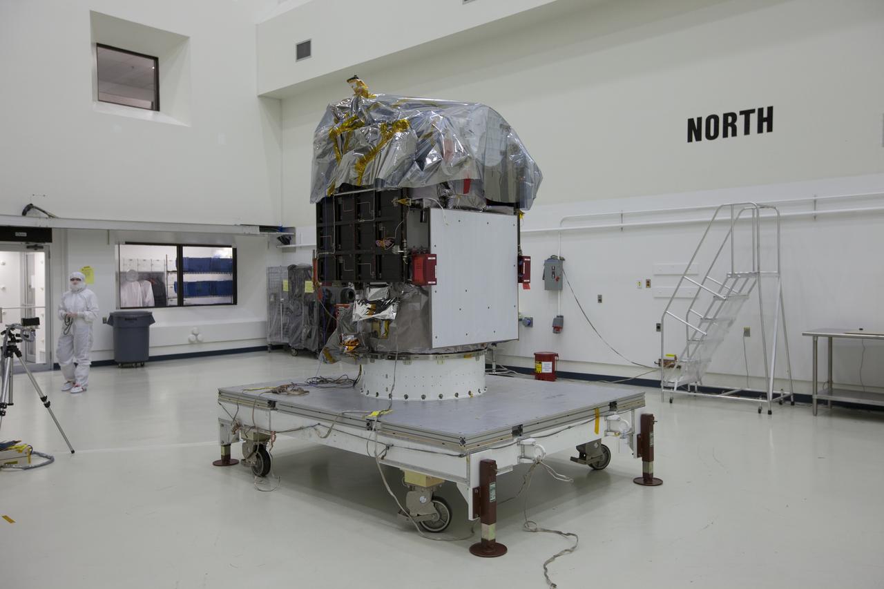 NOAA’s Deep Space Climate Observatory spacecraft, or DSCOVR, has been uncovered and is ready for processing in the high bay of Building 1 at the Astrotech payload processing facility in Titusville, Florida, near Kennedy Space Center. DSCOVR is a partnership between NOAA, NASA and the U.S. Air Force. DSCOVR will maintain the nation's real-time solar wind monitoring capabilities which are critical to the accuracy and lead time of NOAA's space weather alerts and forecasts. Launch is currently scheduled for January 2015 aboard a SpaceX Falcon 9 v 1.1 launch vehicle from Cape Canaveral Air Force Station, Florida.