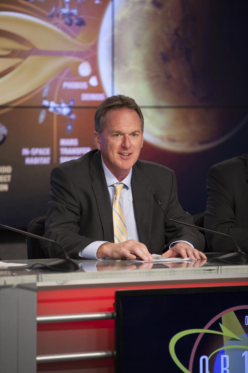 At NASA's Kennedy Space Center in Florida, Mike Bolger, program manager of Ground Systems Development and Operations Program, was one of several agency leaders who spoke to member of the news media about how the first flight of the new Orion spacecraft is a first step in the agency's plans to send humans to Mars. Orion is the exploration spacecraft designed to carry astronauts to destinations not yet explored by humans, including an asteroid and Mars. It will have emergency abort capability, sustain the crew during space travel and provide safe re-entry from deep space return velocities. The first unpiloted flight test of Orion is scheduled to launch Dec. 4, 2014 atop a United Launch Alliance Delta IV Heavy rocket, and in 2018 on NASA’s Space Launch System rocket.