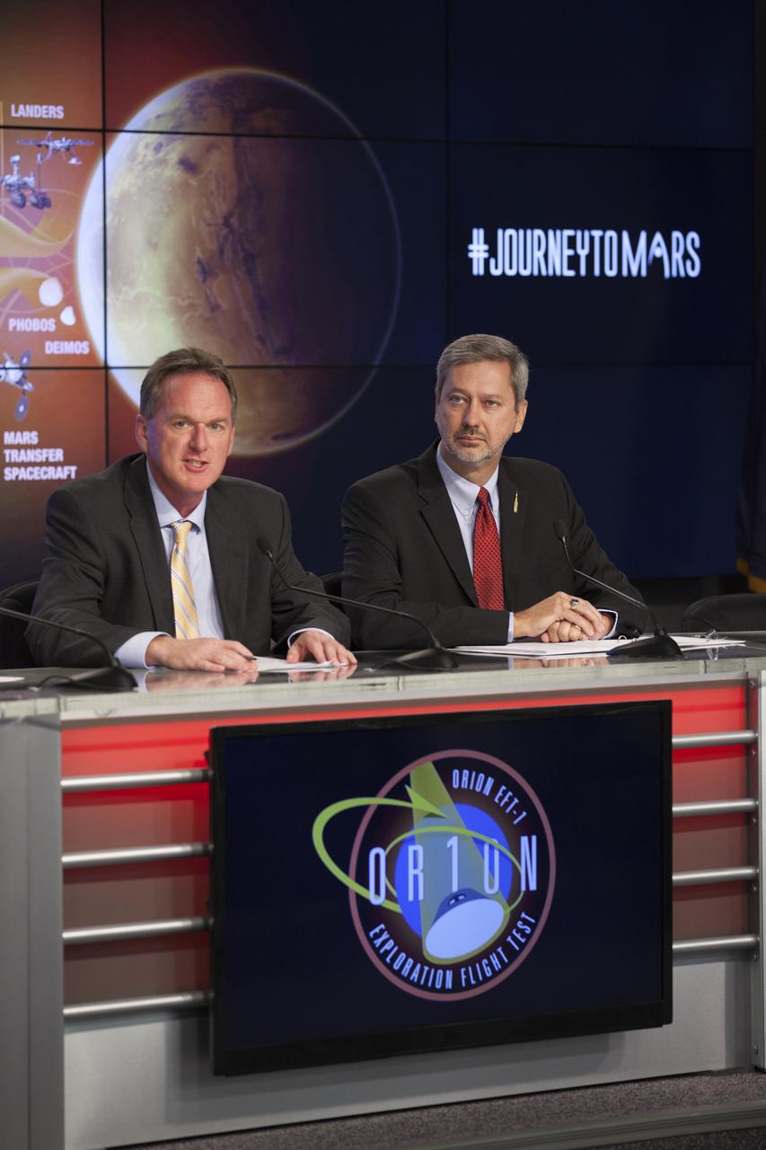 At NASA's Kennedy Space Center in Florida, Mike Bolger, program manager of Ground Systems Development and Operations Program, and Chris Crumbly, manager of Space Launch System Spacecraft/Payload Integration and Evolution, were among several agency leaders who spoke to members of the news media about how the first fight of the new Orion spacecraft is a first step in NASA's plans to send humans to Mars. Orion is the exploration spacecraft designed to carry astronauts to destinations not yet explored by humans, including an asteroid and Mars. It will have emergency abort capability, sustain the crew during space travel and provide safe re-entry from deep space return velocities. The first unpiloted flight test of Orion is scheduled to launch Dec. 4, 2014 atop a United Launch Alliance Delta IV Heavy rocket, and in 2018 on NASA’s Space Launch System rocket.