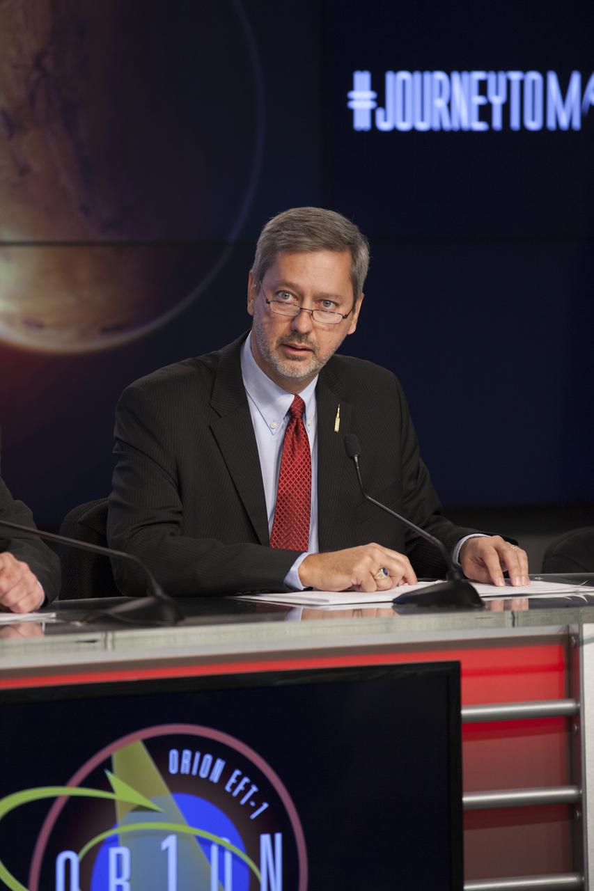 At NASA's Kennedy Space Center in Florida, Chris Crumbly, manager of Space Launch System Spacecraft/Payload Integration and Evolution, was one of several agency leaders who spoke to member of the news media about how the first flight of the new Orion spacecraft is a first step in the agency's plans to send humans to Mars. Orion is the exploration spacecraft designed to carry astronauts to destinations not yet explored by humans, including an asteroid and Mars. It will have emergency abort capability, sustain the crew during space travel and provide safe re-entry from deep space return velocities. The first unpiloted flight test of Orion is scheduled to launch Dec. 4, 2014 atop a United Launch Alliance Delta IV Heavy rocket, and in 2018 on NASA’s Space Launch System rocket.