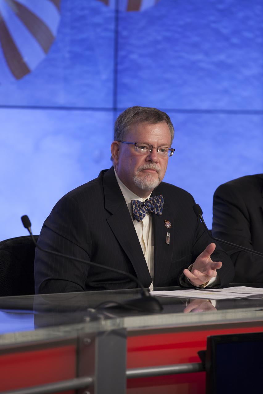 In the Kennedy Space Center’s Press Site auditorium, Mike Hawes, Lockheed Martin Orion Program manager, was among agency and industry leaders who spoke to members of the news media as the Orion spacecraft and its Delta IV Heavy rocket were being prepared for launch. Orion is the exploration spacecraft designed to carry astronauts to destinations not yet explored by humans, including an asteroid and Mars. It will have emergency abort capability, sustain the crew during space travel and provide safe re-entry from deep space return velocities. The first unpiloted flight test of Orion is scheduled to launch Dec. 4, 2014 atop a United Launch Alliance Delta IV Heavy rocket, and in 2018 on NASA’s Space Launch System rocket.