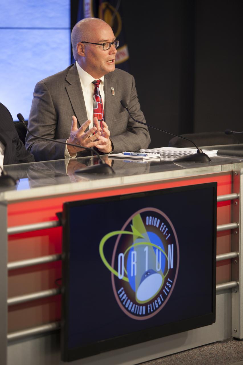 In the Kennedy Space Center’s Press Site auditorium, Dan Collins, United Launch Alliance chief operating officer spoke to members of the news media about the postponement of the Orion Flight Test launch due to an issue related to fill and drain valves on the Delta IV Heavy rocket. 