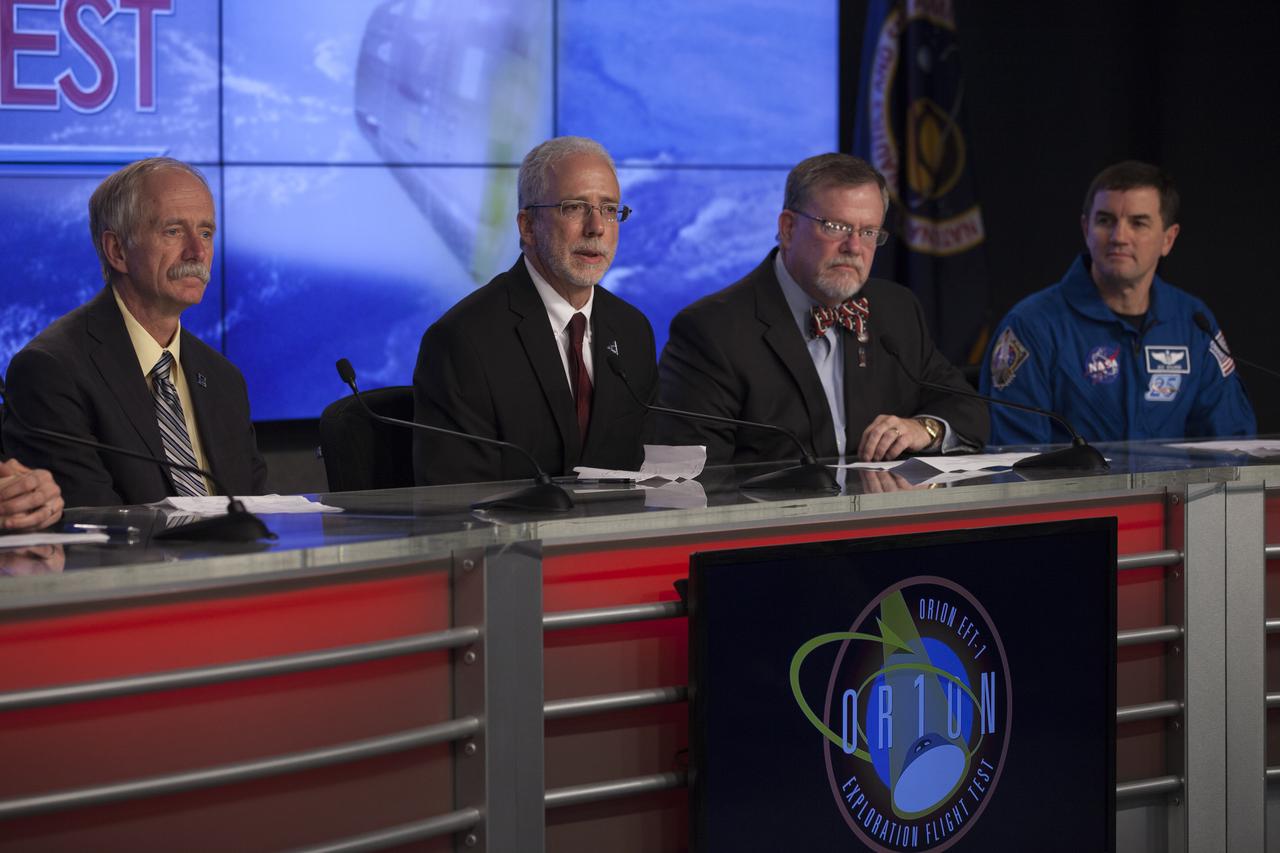 In the Kennedy Space Center’s Press Site auditorium, agency leaders spoke to members of the news media about the successful Orion Flight Test. From left are: Bill Gerstenmaier, NASA associate administrator for Human Exploration and Operations, Mark Geyer, Orion program manager, Mike Hawes, Lockheed Martin Orion Program manager, and NASA astronaut Rex Walheim. 