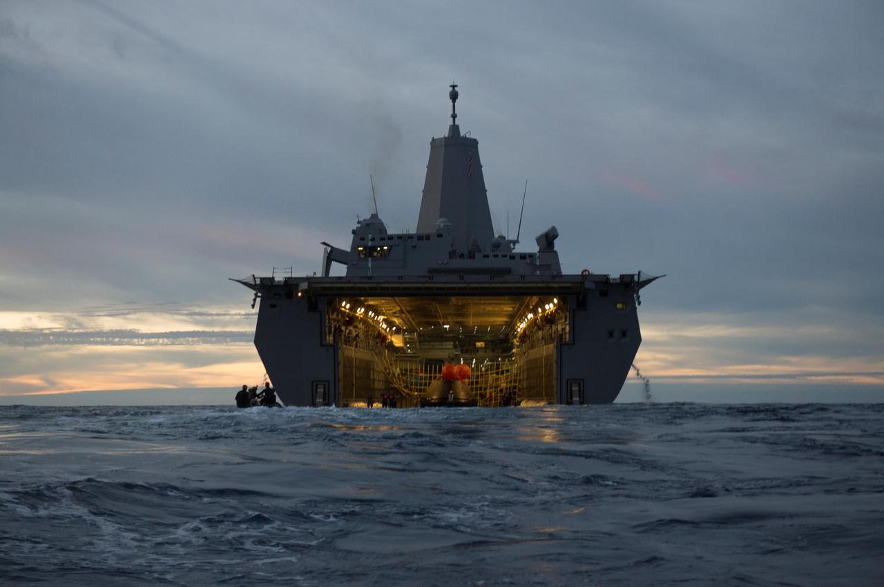 The Orion crew module is recovered after splashdown in the Pacific Ocean about 600 miles off the coast of San Diego, California. NASA, the U.S. Navy and Lockheed Martin coordinated efforts to recover Orion and secure the spacecraft inside the well deck of the USS Anchorage. After lifting off at 7:05 a.m. EST atop a Delta IV Heavy rocket from Space Launch Complex 37 at Cape Canaveral Air Force Station in Florida, NASA's Orion spacecraft completed a two-orbit, four-and-a-half hour mission to test systems critical to crew safety, including the launch abort system, the heat shield and the parachute system. The Ground Systems Development and Operations Program is leading the recovery efforts.