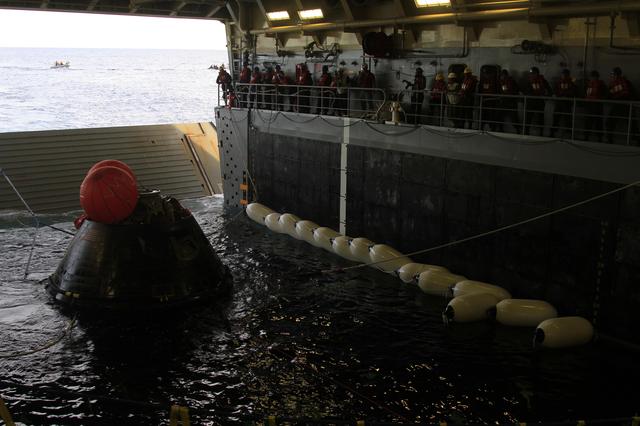 NASA image: Orion in the Well Deck After Splashdown and Recovery