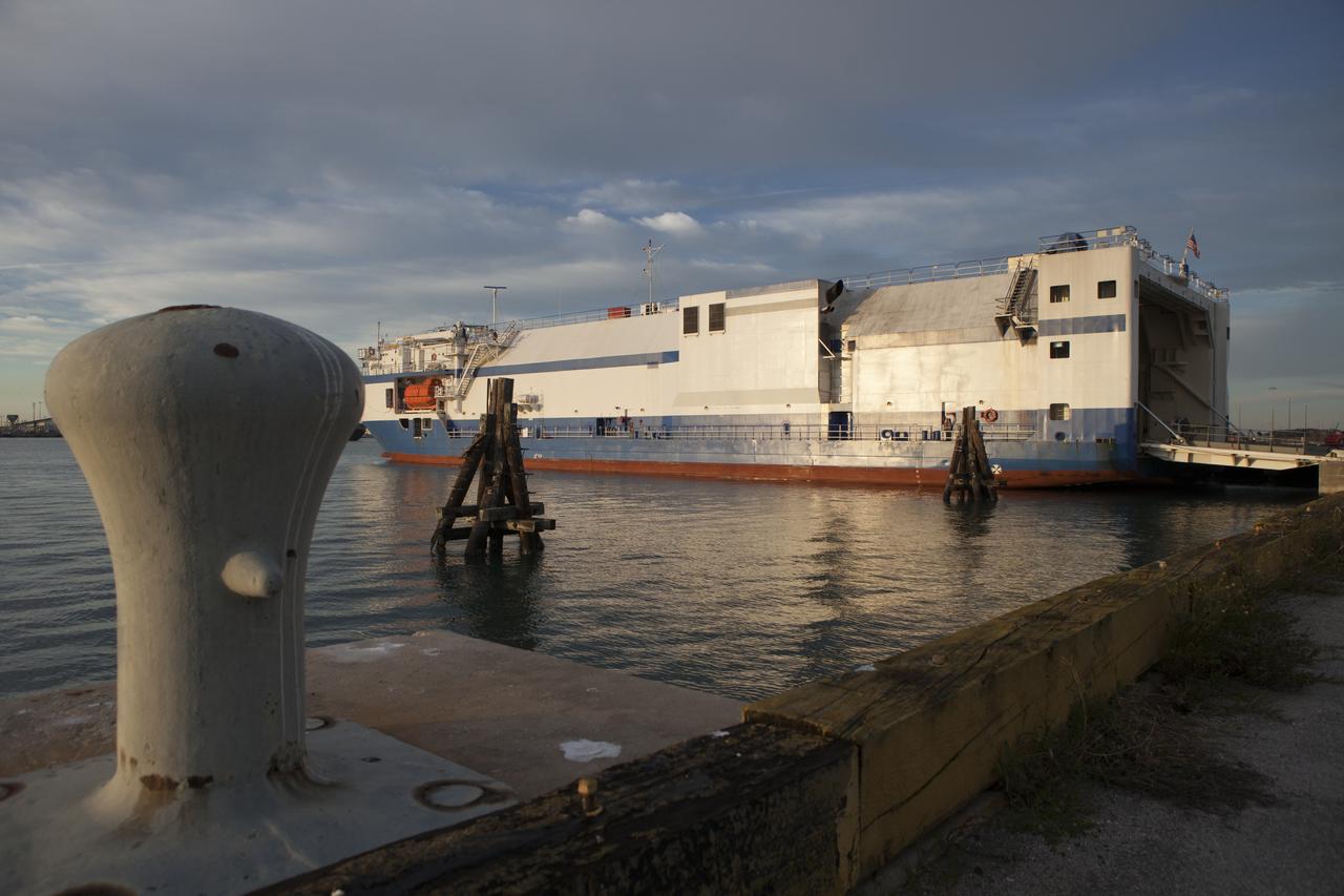 The United Launch Alliance Delta Mariner arrives at Port Canaveral to deliver the Atlas V rocket that will be used to launch NASA's Magnetospheric Multiscale mission.