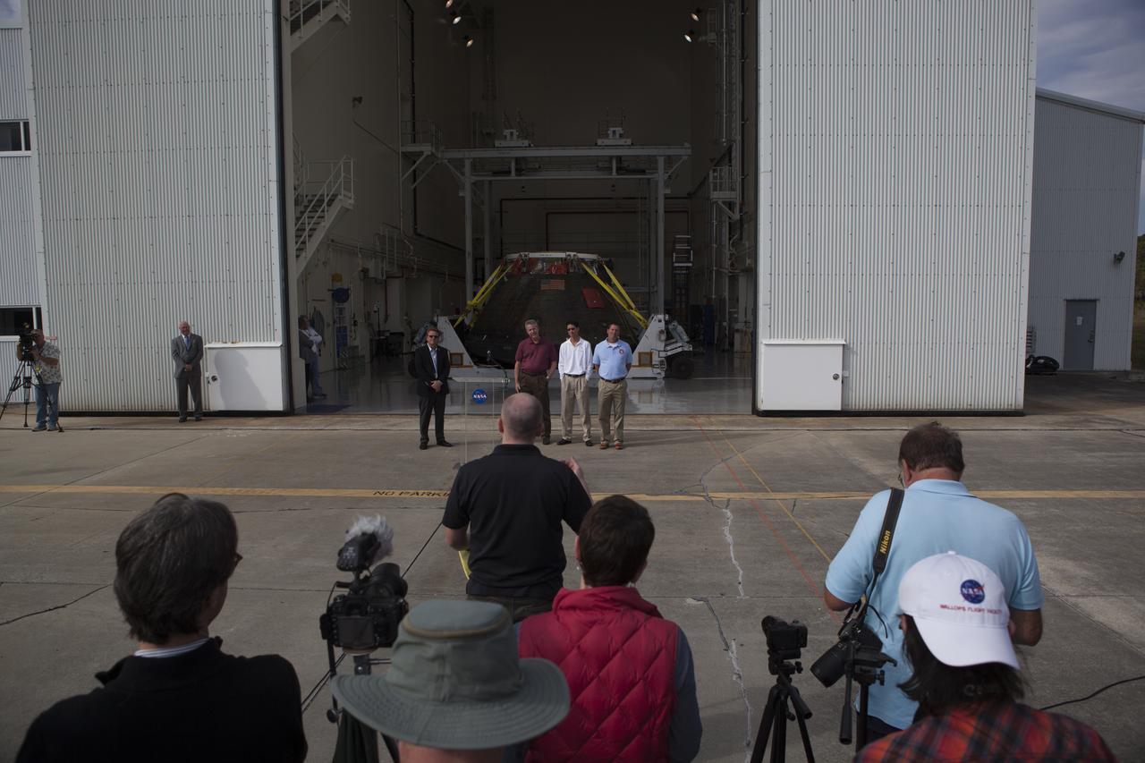 NASA's Orion spacecraft is viewed by members of the media at the Launch Abort System Facility at NASA's Kennedy Space Center in Florida. Orion made the 8-day, 2,700 mile overland trip back to Kennedy from Naval Base San Diego in California. Analysis of date obtained during its two-orbit, four-and-a-half hour mission Dec. 5 will provide engineers detailed information on how the spacecraft fared. The Ground Systems Development and Operations Program led the recovery, offload and transportation efforts.