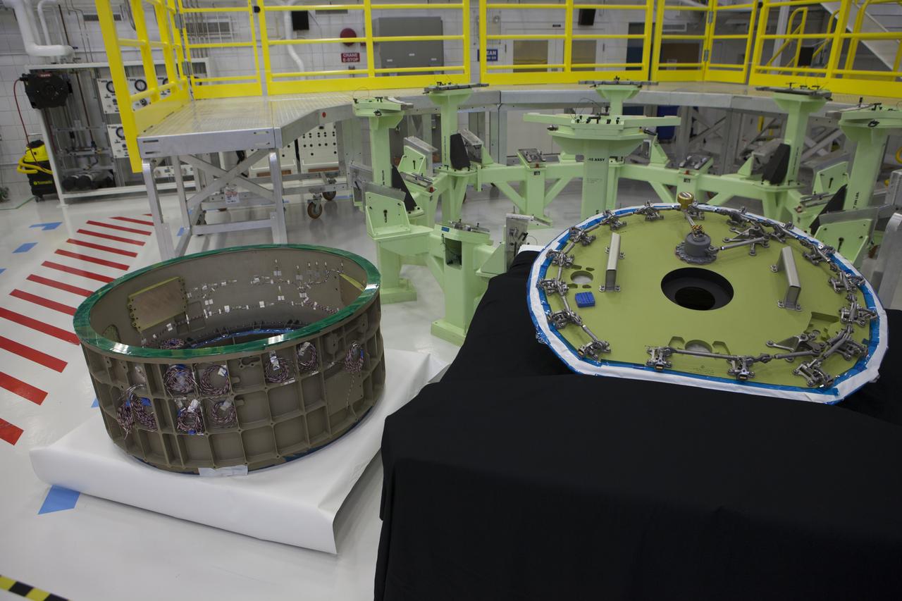 Parts of the Boeing CST-100 Structural Test Article await testing inside the Commercial Crew and Cargo Processing Facility, or C3PF, at NASA’s Kennedy Space Center in Florida. The test article will serve as a pathfinder for assembling and processing operational CST-100 spacecraft inside the revitalized facility, which for 20 years served as a shuttle processing hangar.