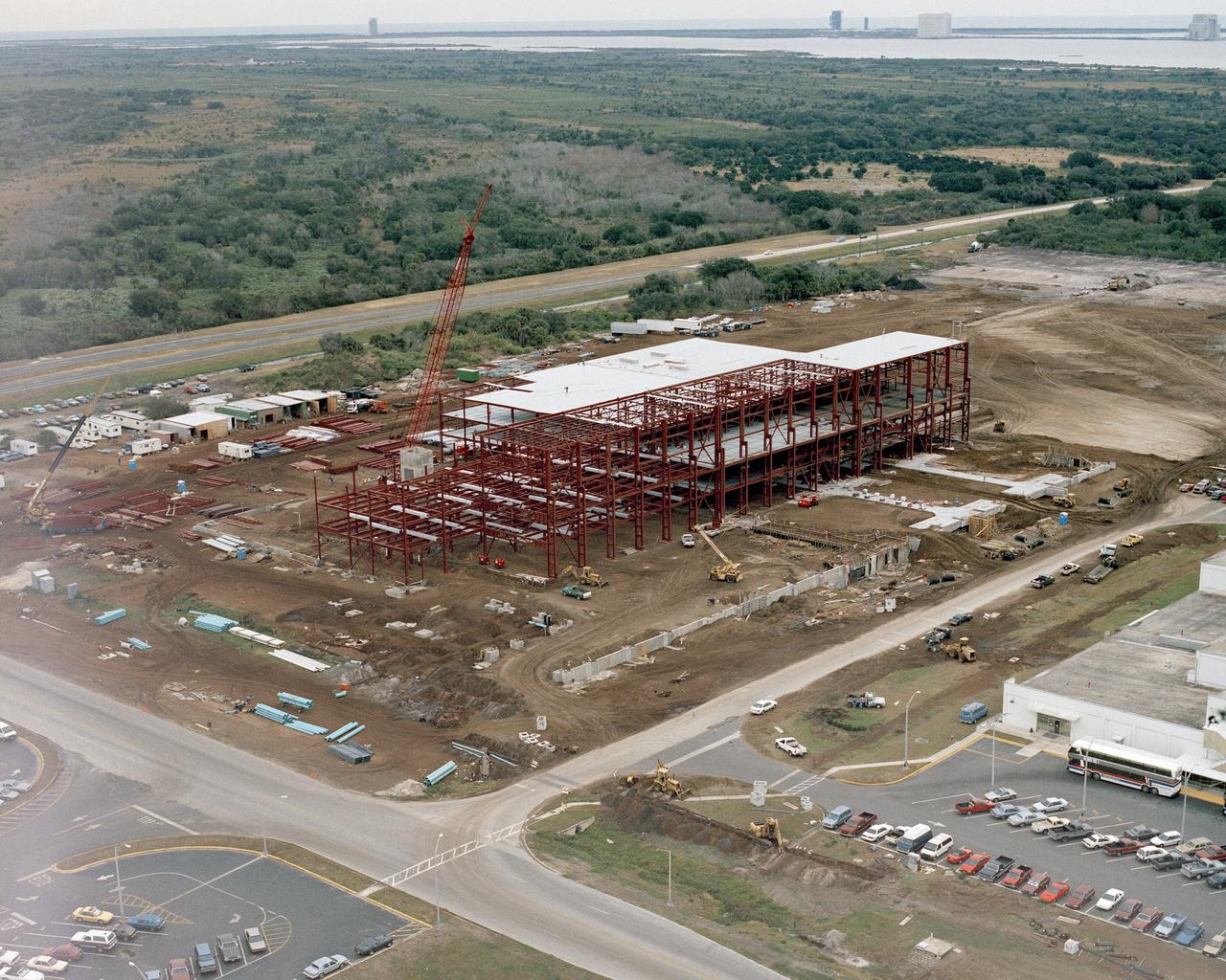 CAPE CANAVERAL Fla. -- This aerial view shows construction progress of the Space Station Processing Facility at the Kennedy Space Center in Florida. Photo Credit: NASA