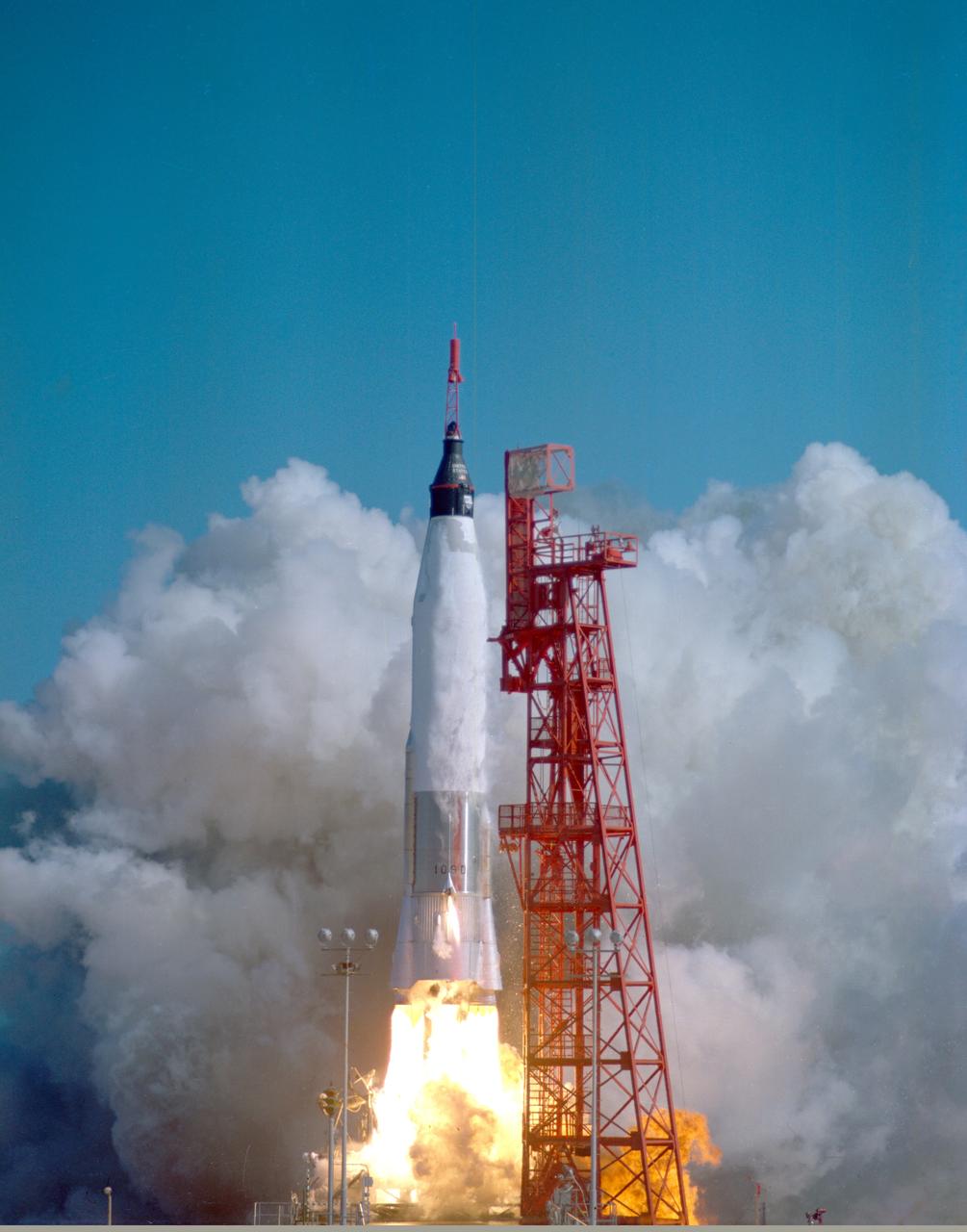 CAPE CANAVERAL, Fla. -- Launch of Friendship 7, the first manned orbital space flight. Astronaut John Glenn aboard, the Mercury-Atlas rocket is launched from Pad 14. Photo credit: NASA