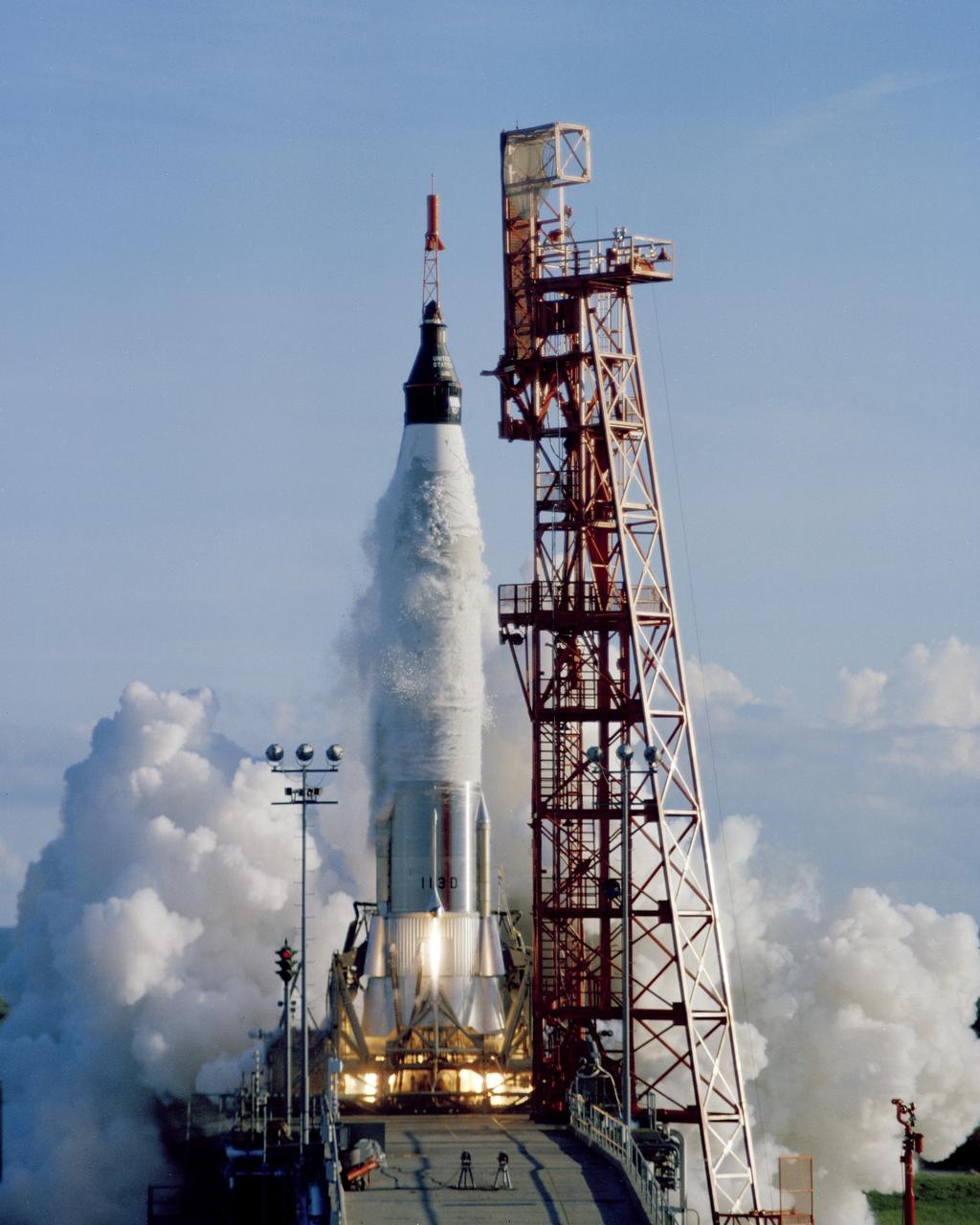 CAPE CANAVERAL, Fla. -- An Atlas launch vehicle lifts off with the Mercury spacecraft Sigma 7 atop with astronaut Walter M. Schirra Jr. aboard. The fifth American into space and the third to orbit the Earth plans to circle the globe six time prior to a planned splashdown in the Pacific Ocean. Photo Credit: NASA