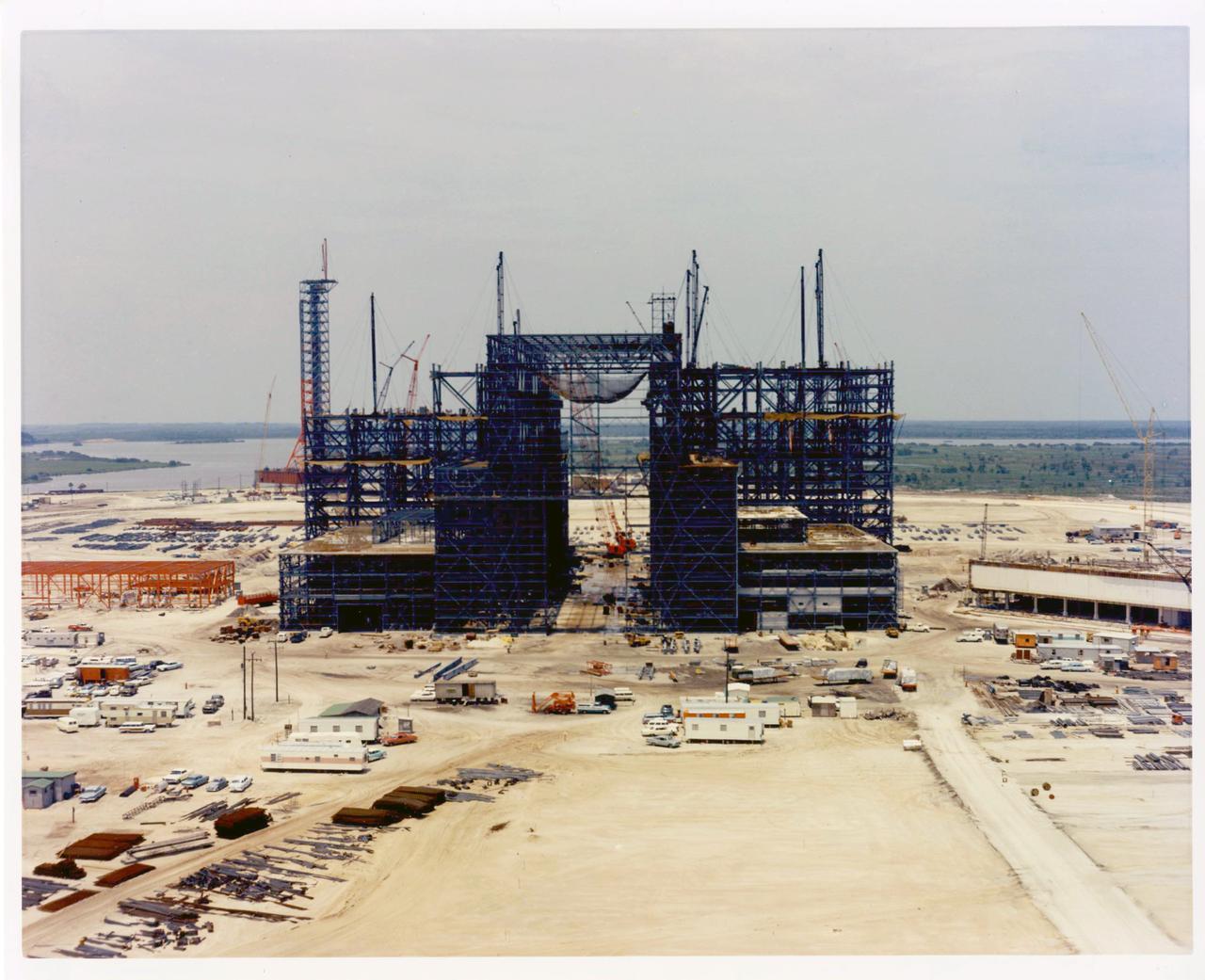 Aerial. Construction progress of the Vehicle Assembly Building (VAB), looking north. MILA. 