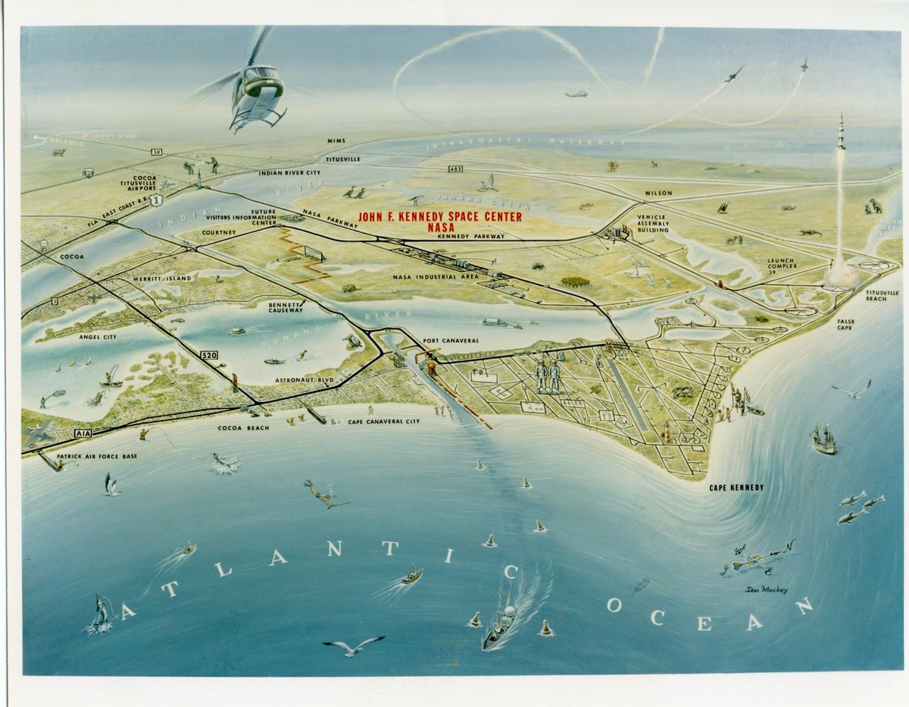 CAPE KENNEDY, Fla. -- This artist's rendering depicts Florida's Space Coast where NASA's two-man Gemini Program is paving the way for manned flight to the moon before the end of the decade. Adjacent to Cape Kennedy Air Force Station is Merritt Island where facilities are being built at the John F. Kennedy Space Center to launch the Saturn V rockets for the Apollo Program. Image Credit: NASA