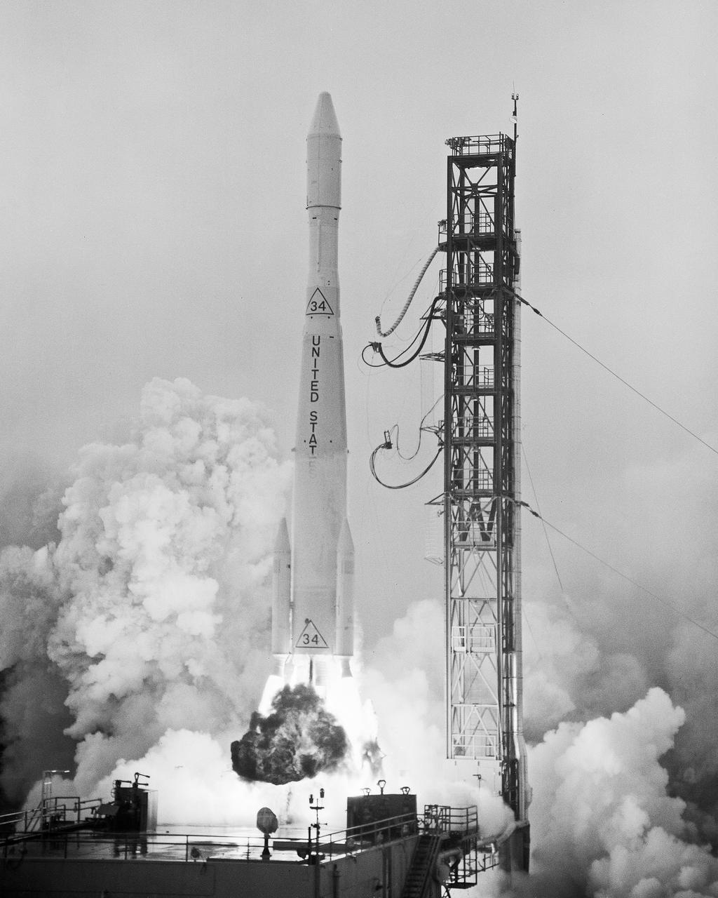 CAPE KENNEDY, Fla. -- At Cape Kennedy Air Force Station in Florida, a thrust augmented improved Delta lifts off with a three hundred eighty five pound geodetic Explorer spacecraft, designated GEOS-A. The spacecraft contains five geodetic instrumentation systems to provide simultaneous measurements that scientists require to establish a more precise model of the Earth's gravitational field, and to map a world coordinate system relating points on, or near the surface to the common center of mass.  This will be the first launch for the improved Delta second stage. Photo Credit: NASA