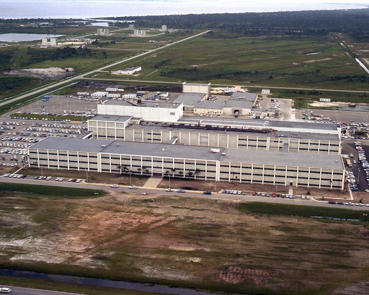 CAPE CANAVERAL Fla. -- This aerial view, looking south, shows the progress of NASA construction of the Manned Spacecraft Operations Building, or MSO.    Photo credit: NASA