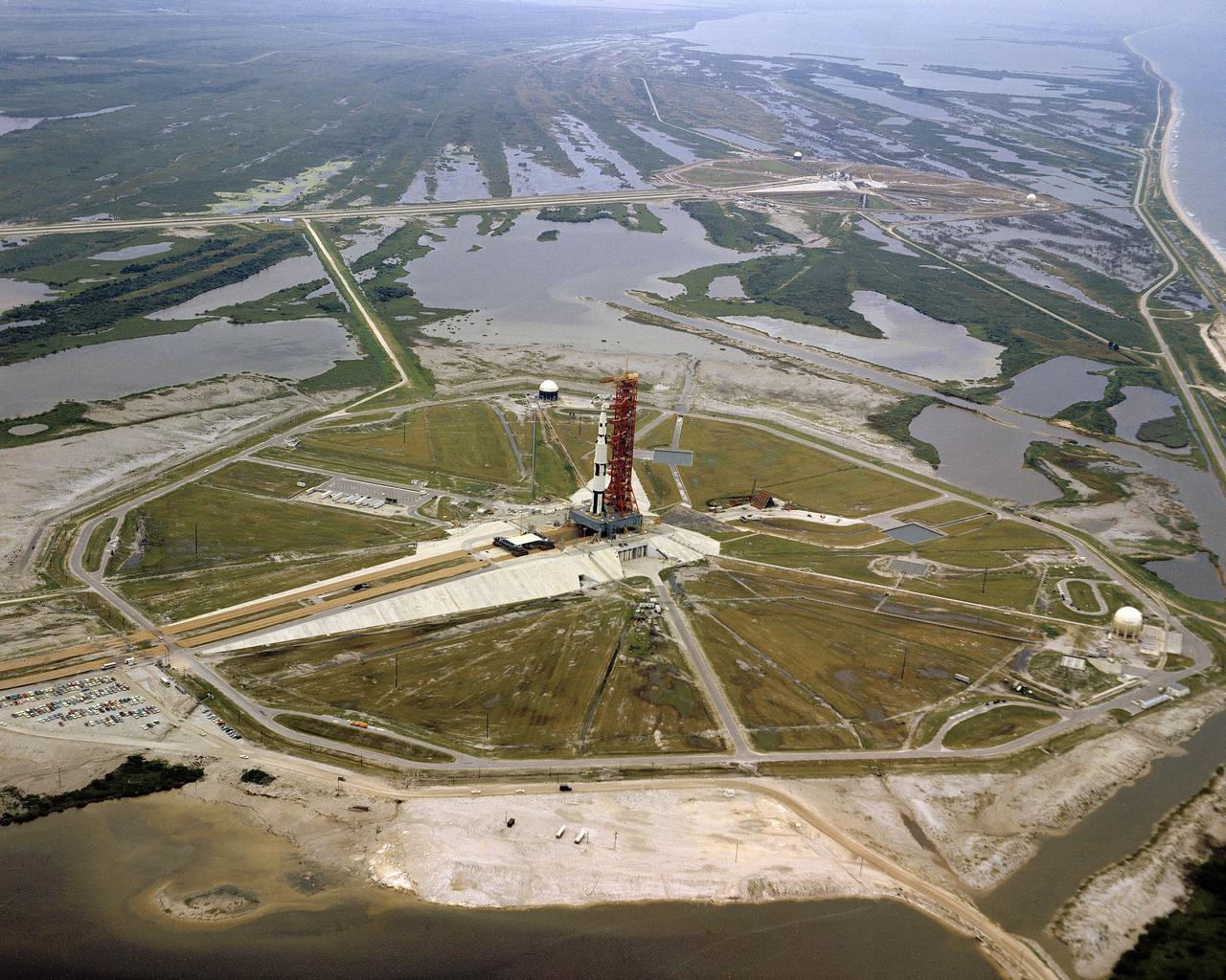CAPE KENNEDY, Fla. -- An aerial view of Launch Complex 39A at the Kennedy Space Center in Florida, with the 500F facilities verification vehicle on the pad during testing of the site where NASA plans to launch astronauts to the moon as part of the Apollo Program. Photo Credit: NASA