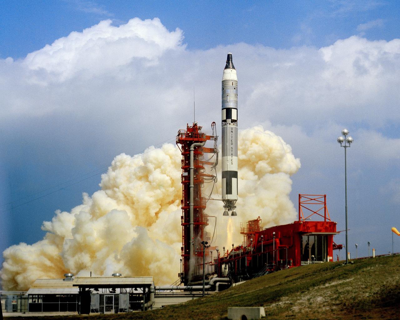 CAPE KENNEDY, Fla. -- At Cape Kennedy Air Force Station in Florida, Gemini 8 lifts off atop a Titan II rocket with command pilot Neil A. Armstrong and pilot David R. Scott aboard. They plan to rendezvous and dock with an Agena target satellite and Scott will perform a spacewalk. Photo Credit: NASA