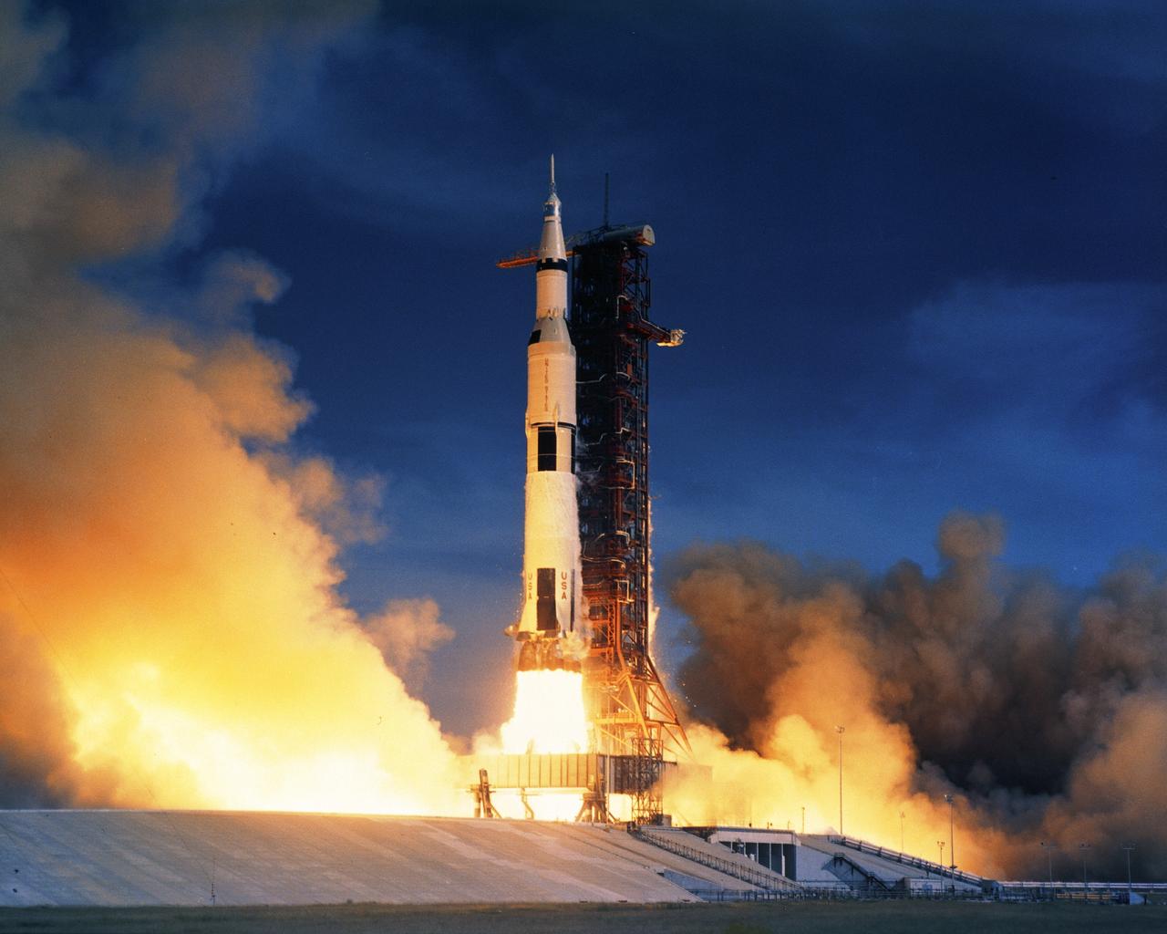 CAPE CANAVERAL, Fla. - At NASA's Kennedy Space Center in Florida, Apollo 15's Saturn V rocket lifts off from Launch Pad 39A at 9:34 a.m., EDT, July 26, 1971, on a lunar landing mission. Aboard the Apollo 15 spacecraft are astronauts David R. Scott, commander, Alfred M. Worden, command module pilot, and James B. Irwin, lunar module pilot.    While Apollo 15 astronauts Scott and Irwin will descend in the lunar module to explore the moon's Hadley-Apennine region, astronaut Worden will remain in lunar orbit with the command module. For more information, visit   http://www-pao.ksc.nasa.gov/history/apollo/apollo-15/apollo-15.htm Photo credit: NASA