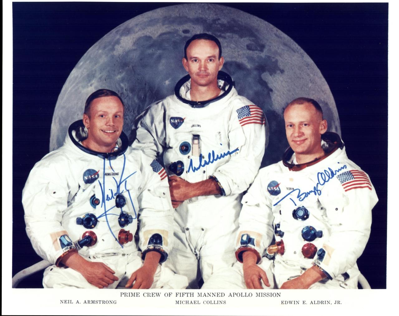 KENNEDY SPACE CENTER, FLA. - The Official Crew photo of the Apollow 11 Prime Crew. From left to right are astronauts Neil A. Armstrong, Commander; Michael Collins, Command Module Pilot; and Edwin E. Aldrin Jr., Lunar Module Pilot.