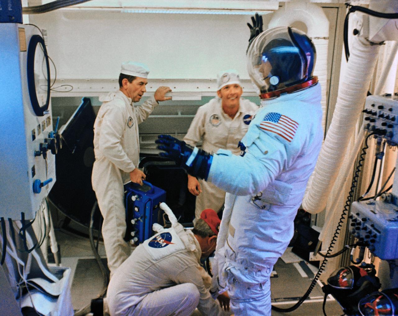 CAPE CANAVERAL, Fla. – The Apollo 16 crew prepares to climb inside the Apollo capsule on launch day before lifting off on a mission to the moon.    Photo credit: NASA