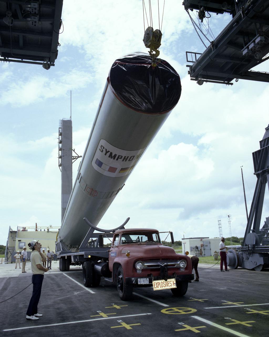 CAPE CANAVERAL, Fla. -- Erection of the first stage of the Delta launch vehicle for Symphonie-B at Complex 17-A on Cape Canaveral Air Force Station.  Photo credit: NASA